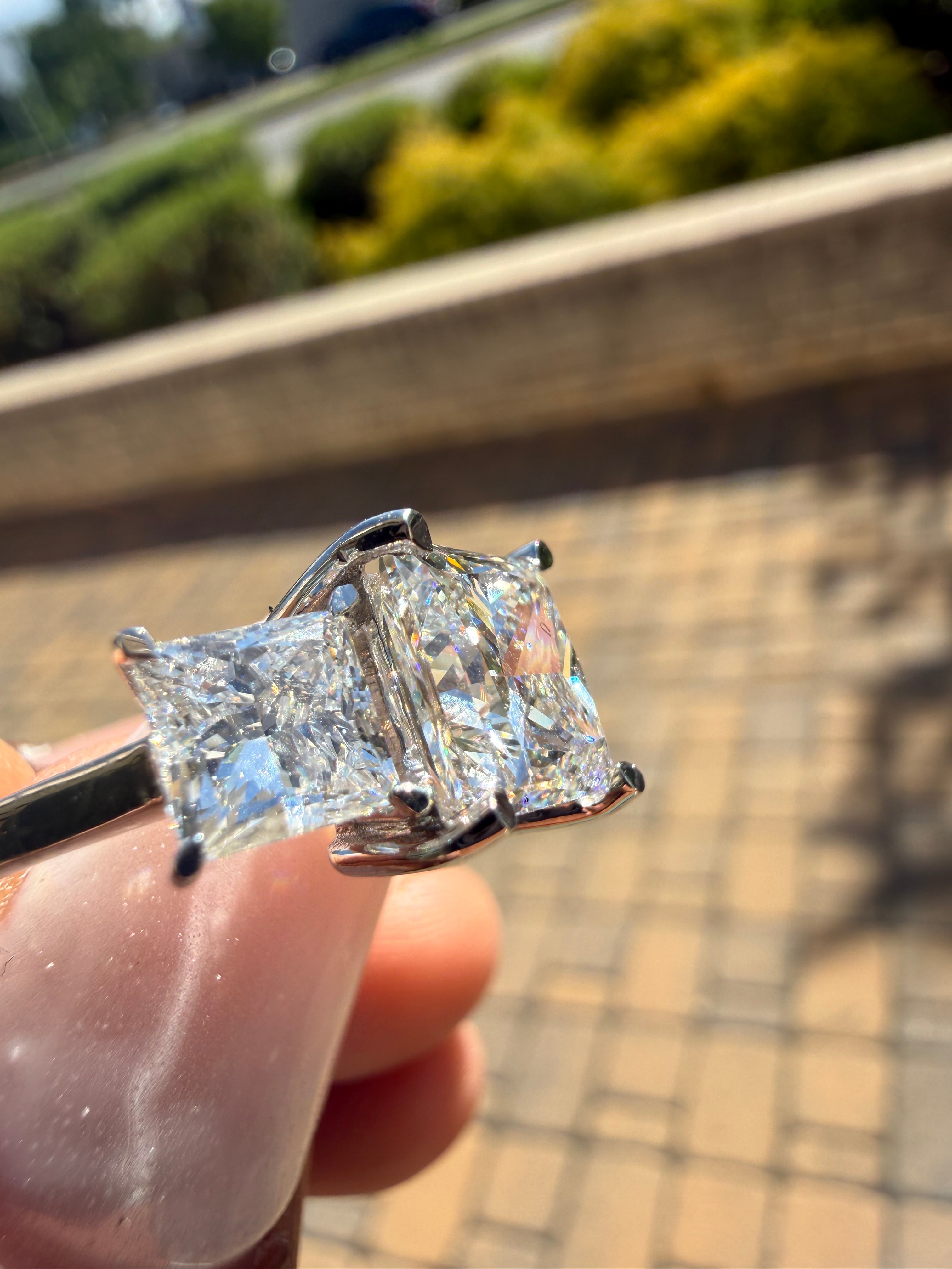 5 carat princess cut ring IGI cut E vs certified  3 carat center stone 2 carat side stone made with special cut handcrafted in grown diamond 14k gold