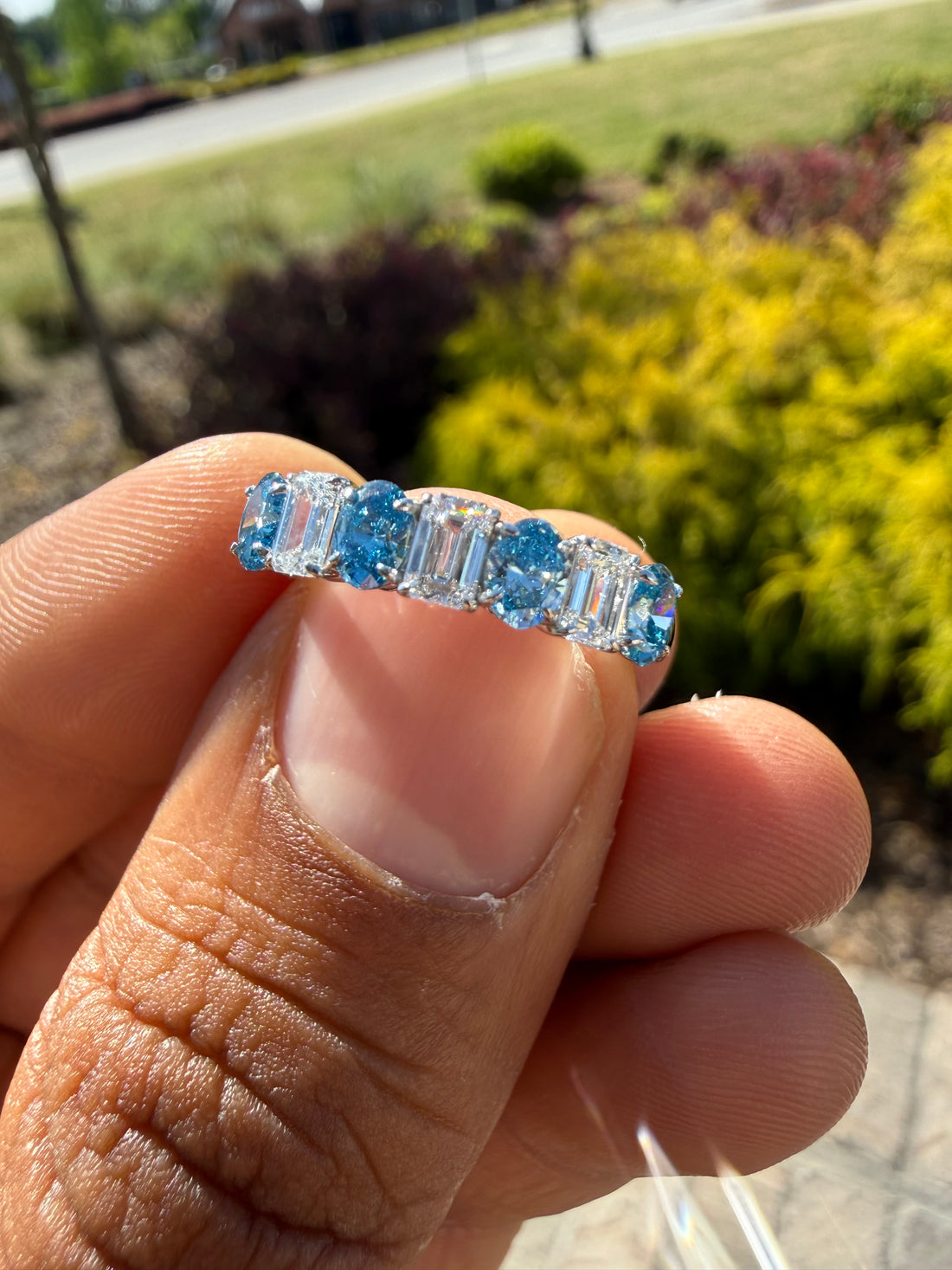 1.5 carat fancy vivid blue oval  E vs and emerald cut handcrafted ring made with 14k gold in grown diamond