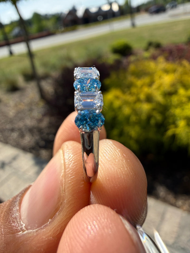 1.2carat fancy vivid blue oval  E vs and emerald cut handcrafted ring made with 14k gold in grown diamond