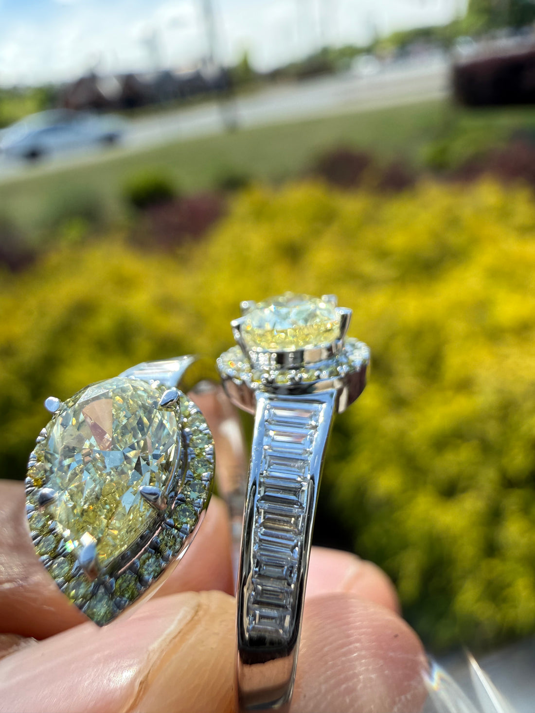 3 carat igi certified fancy yellow pear  emerald cut with fancy white tapper baguette ring handcrafted ring made with 14k gold in grown diamond igi certified