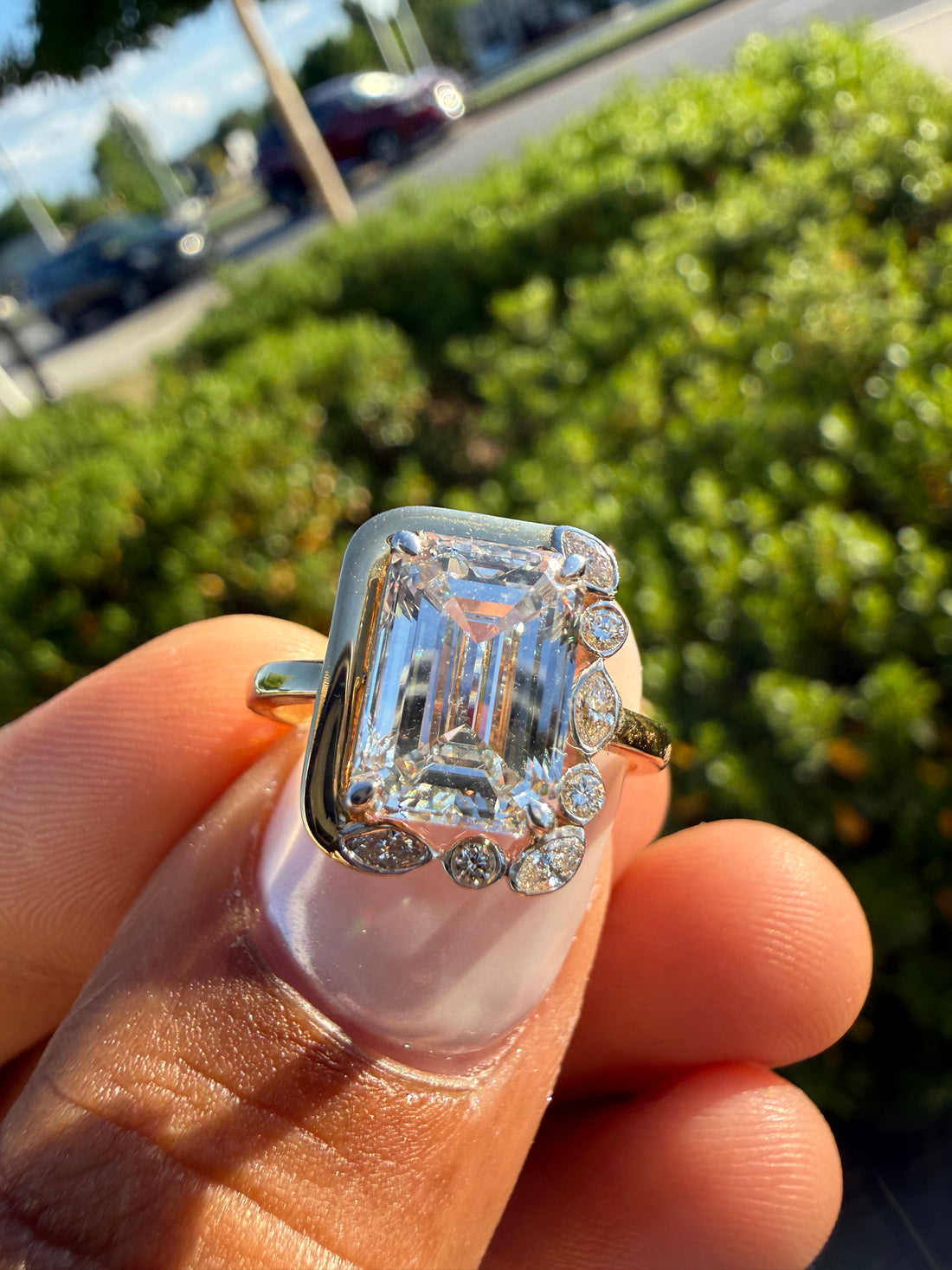 3 carat emerald cut rose gold special cut ring VVS stone with special cut on side stone fancy highly handcrafted in grown diamond 14k gold ( made in gold ) (Copy)