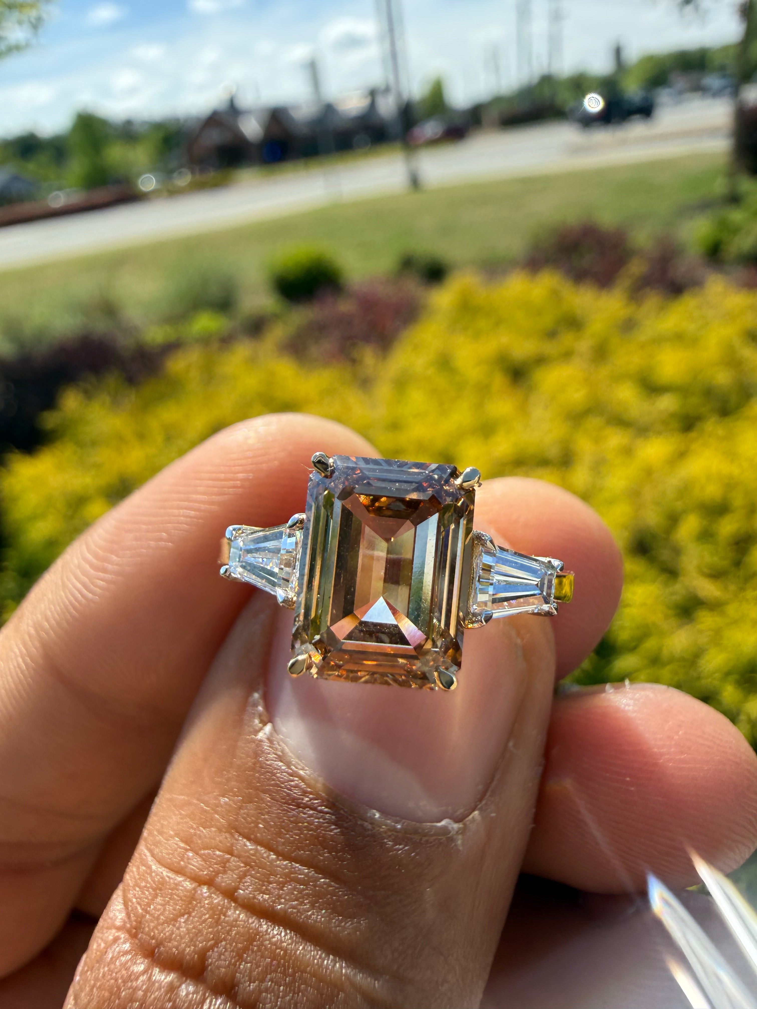 3.88 carat igi certified fancy champagne emerald cut with fancy white tapper baguette ring handcrafted ring made with 14k rose gold in grown diamond  igi certified