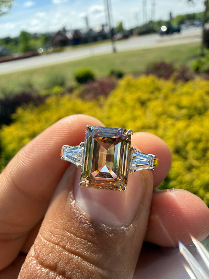 3.88 carat igi certified fancy champagne emerald cut with fancy white tapper baguette ring handcrafted ring made with 14k rose gold in grown diamond  igi certified