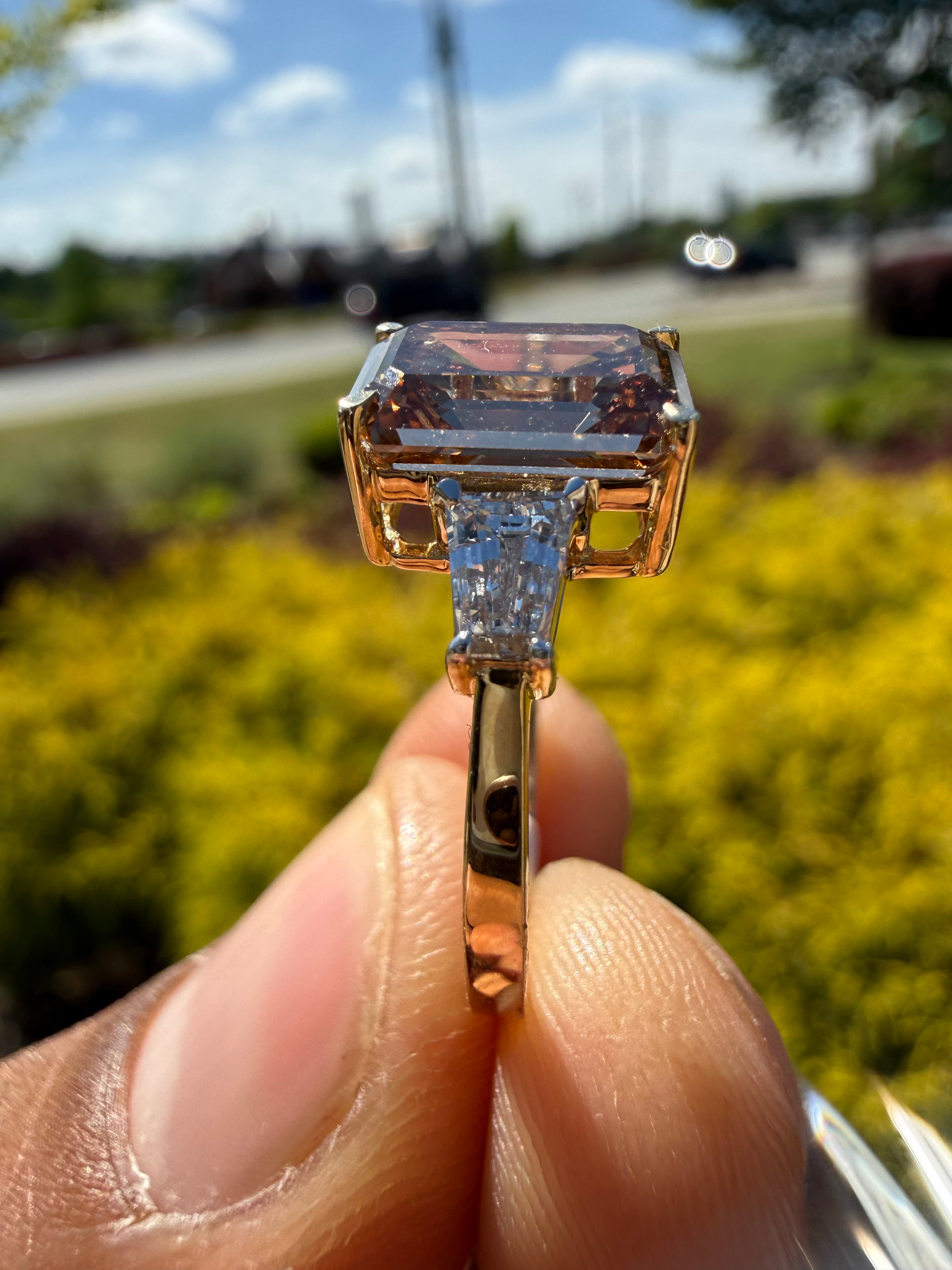 3.88 carat igi certified fancy champagne emerald cut with fancy white tapper baguette ring handcrafted ring made with 14k rose gold in grown diamond  igi certified