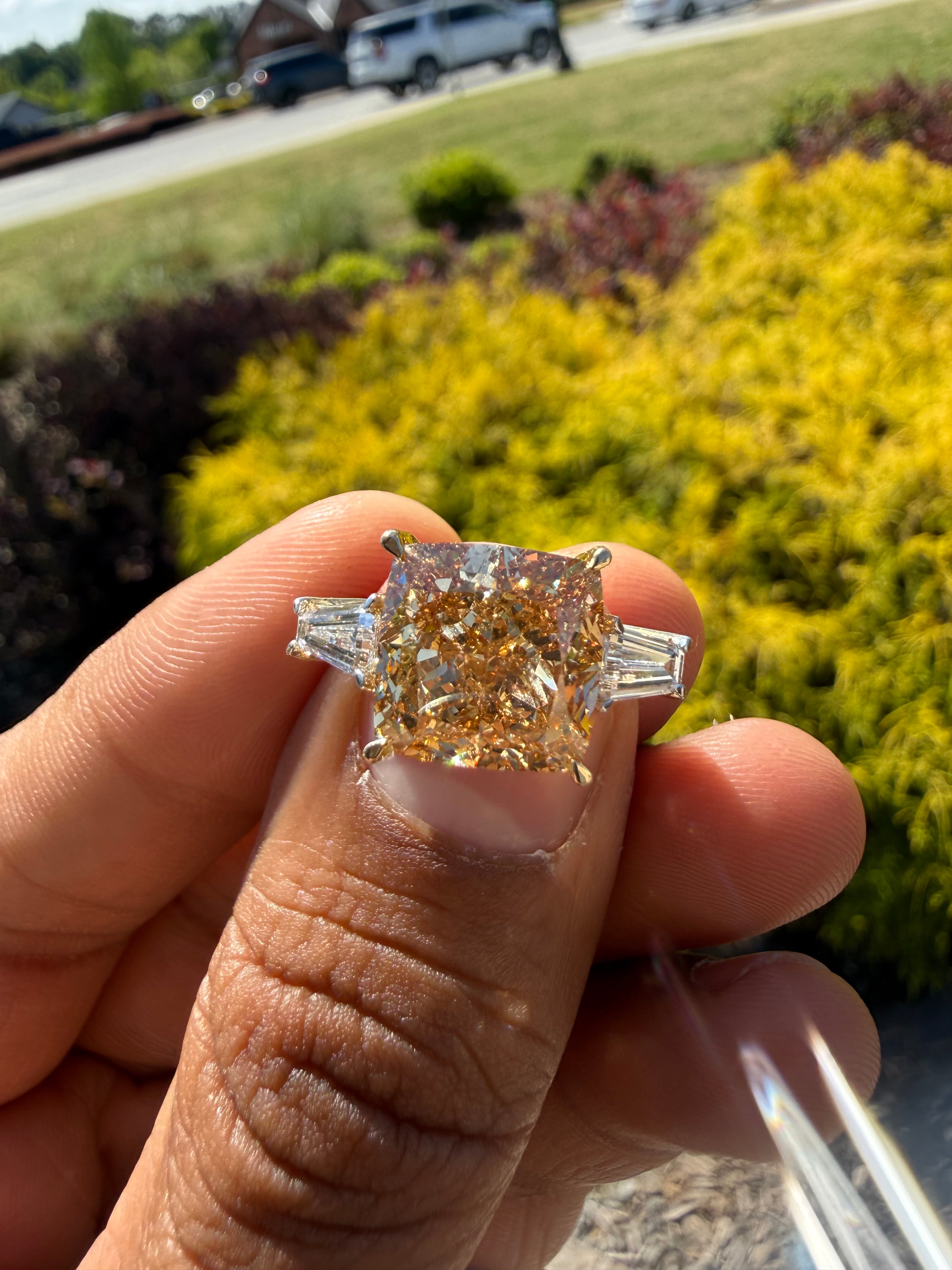 9.53 carat igi certified stone fancy cushion champagne color high cut with fancy white baguette ring handcrafted ring made with 14k gold in grown diamond igi certified