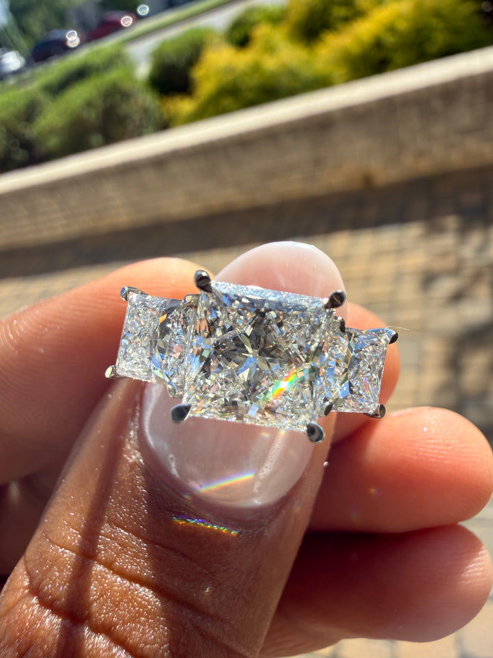 5 carat princess cut ring IGI cut E vs certified  3 carat center stone 2 carat side stone made with special cut handcrafted in grown diamond 14k gold