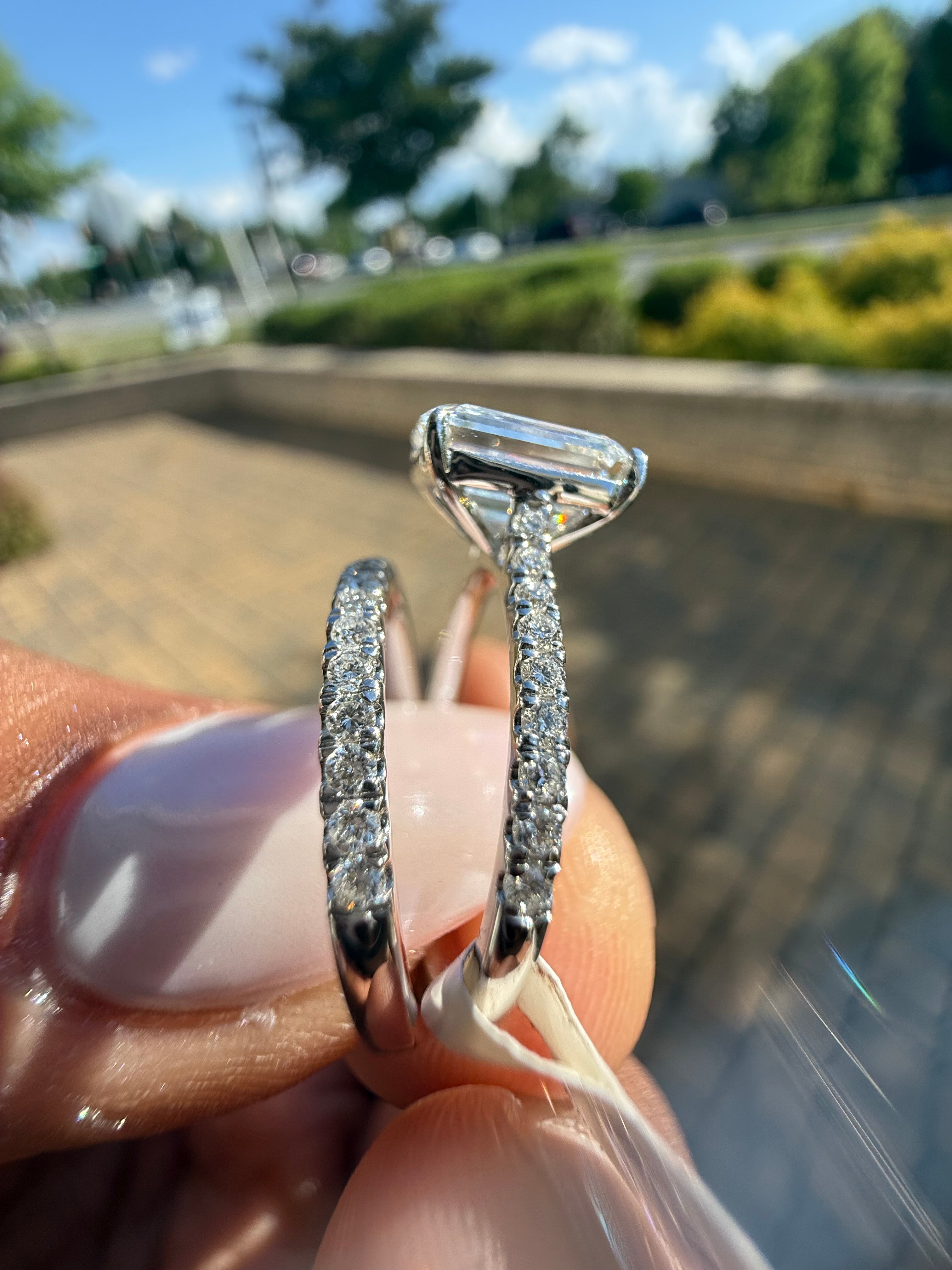 3 carat ring emerald cut ring cut E vs IGI certified 2 carat center stone with special cut side band  on side highly handcrafted in grown diamond 14k gold full engagement set