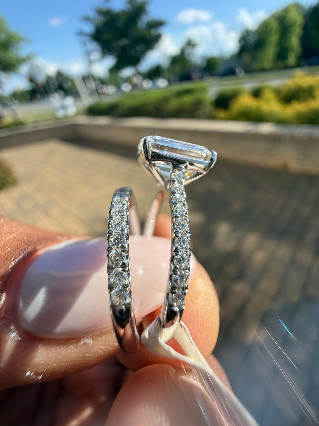 3 carat ring emerald cut ring cut E vs IGI certified 2 carat center stone with special cut side band  on side highly handcrafted in grown diamond 14k gold full engagement set