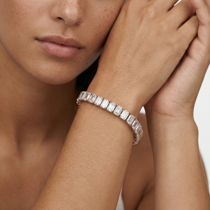 10 carat emerald cut bracelet , each stone Igi certified  Vs certified stone handcrafted in grown diamond with Highest color E made in 14k white gold
