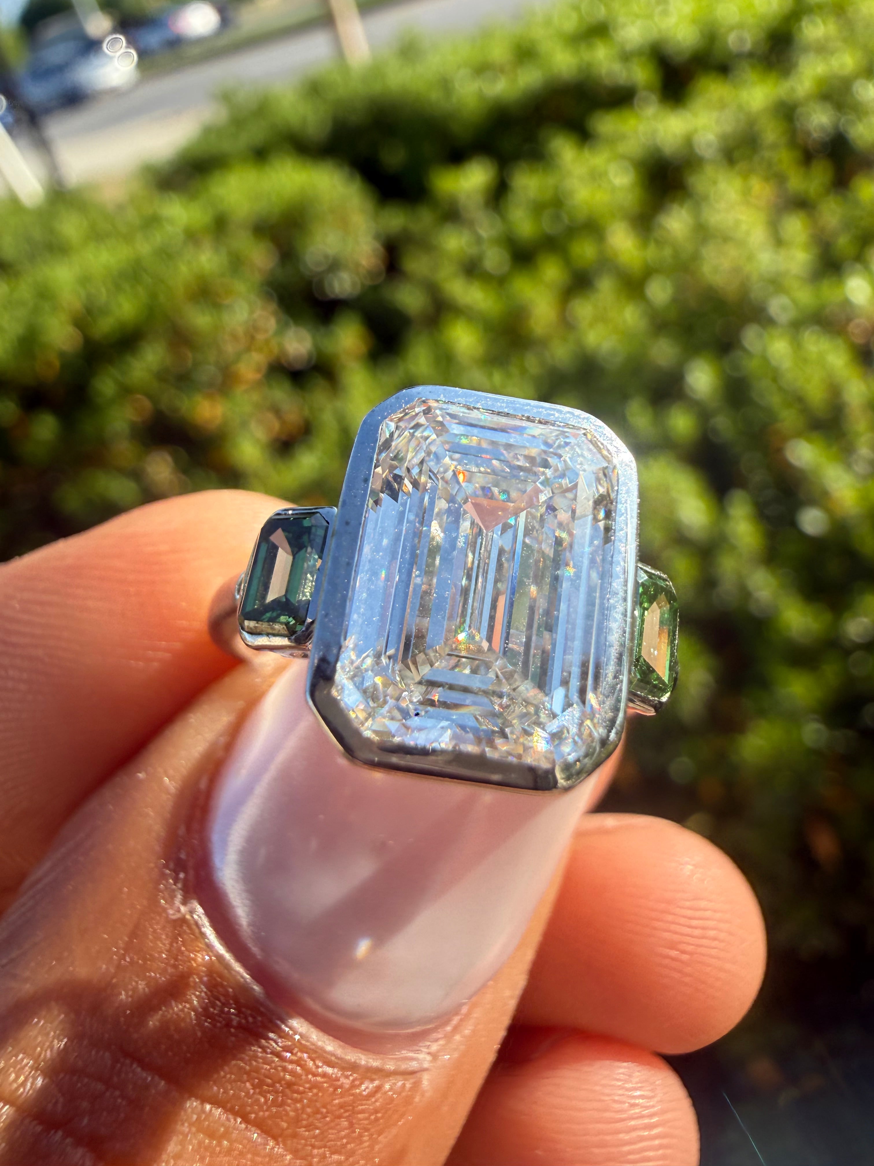3 carat emerald cut special cut ring cut E vs IGI certified  stone with special cut on side stone fancy green highly handcrafted in grown diamond 14k gold ( made in gold )
