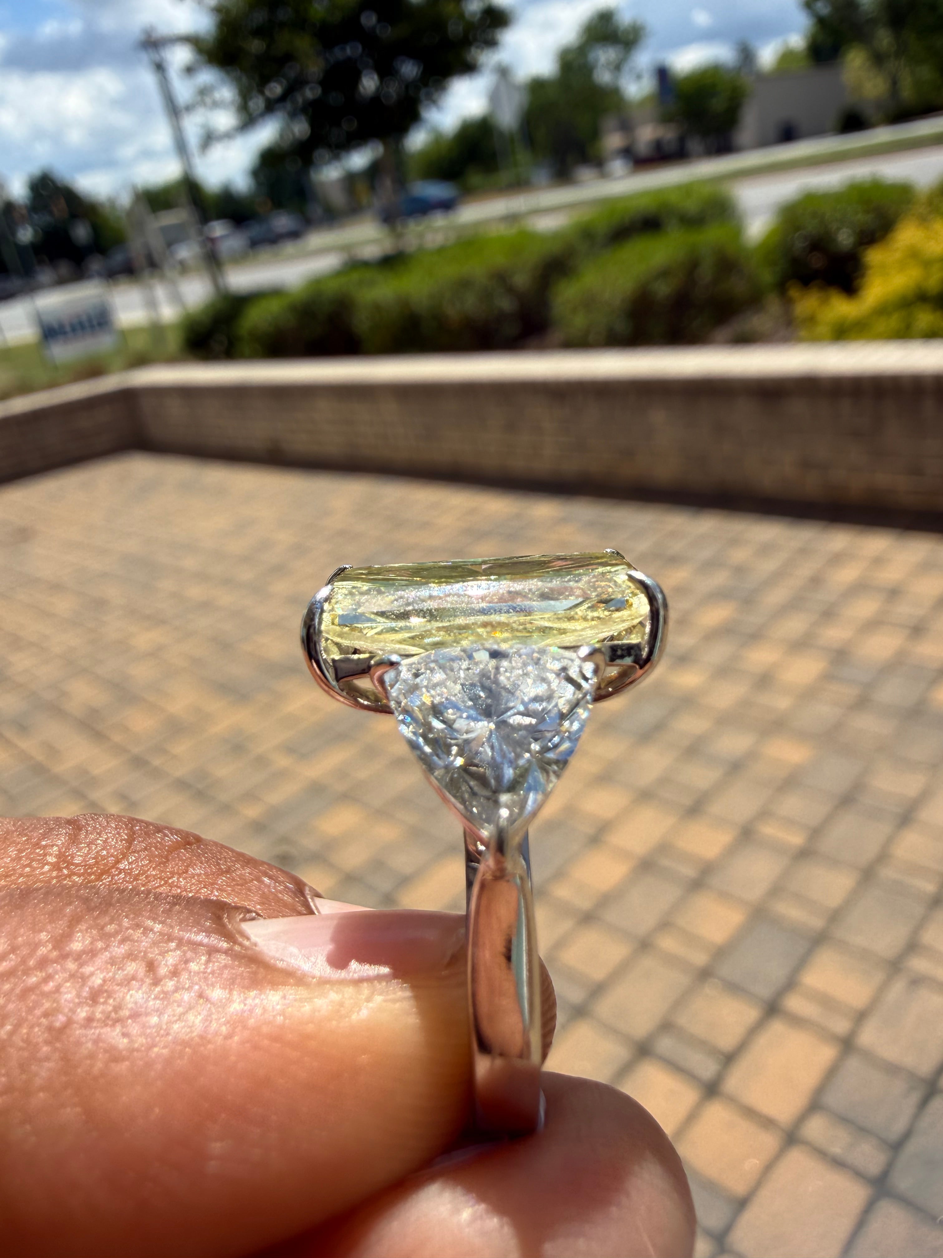 11.43 carat radiant cut IGI certified fancy light yellow made with 2 Traingle special cut on side 2 carat handcrafted in grown diamond 14k gold