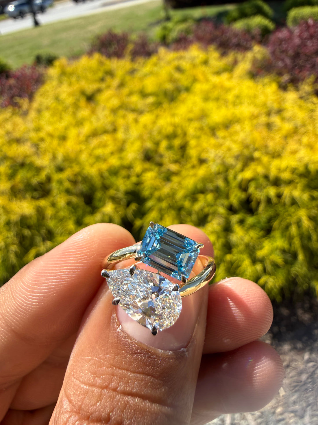 4 carat ring in fancy blue emerald cut fancy white pear ring  handcrafted ring made with 14k gold in grown diamond
