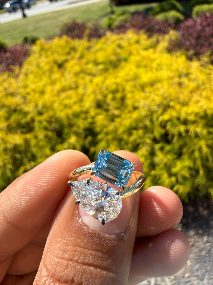 4 carat ring in fancy blue emerald cut fancy white pear ring  handcrafted ring made with 14k gold in grown diamond