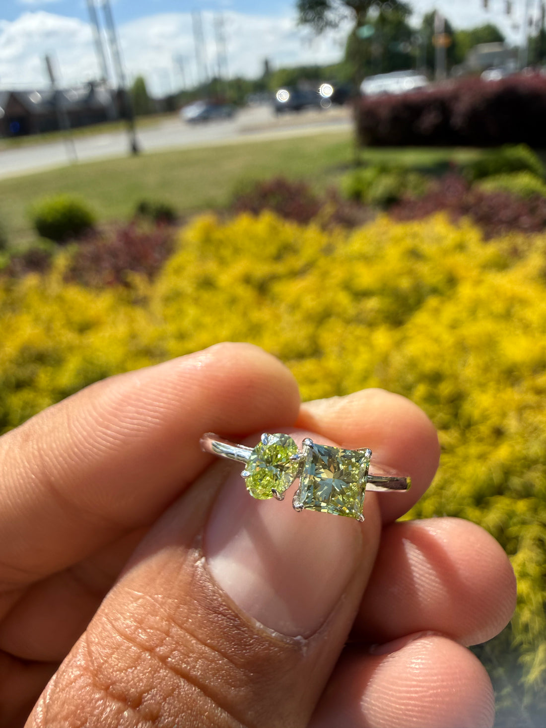 2 carat princess cut & oval fancy green ring  handcrafted ring made with 14k gold in grown diamond