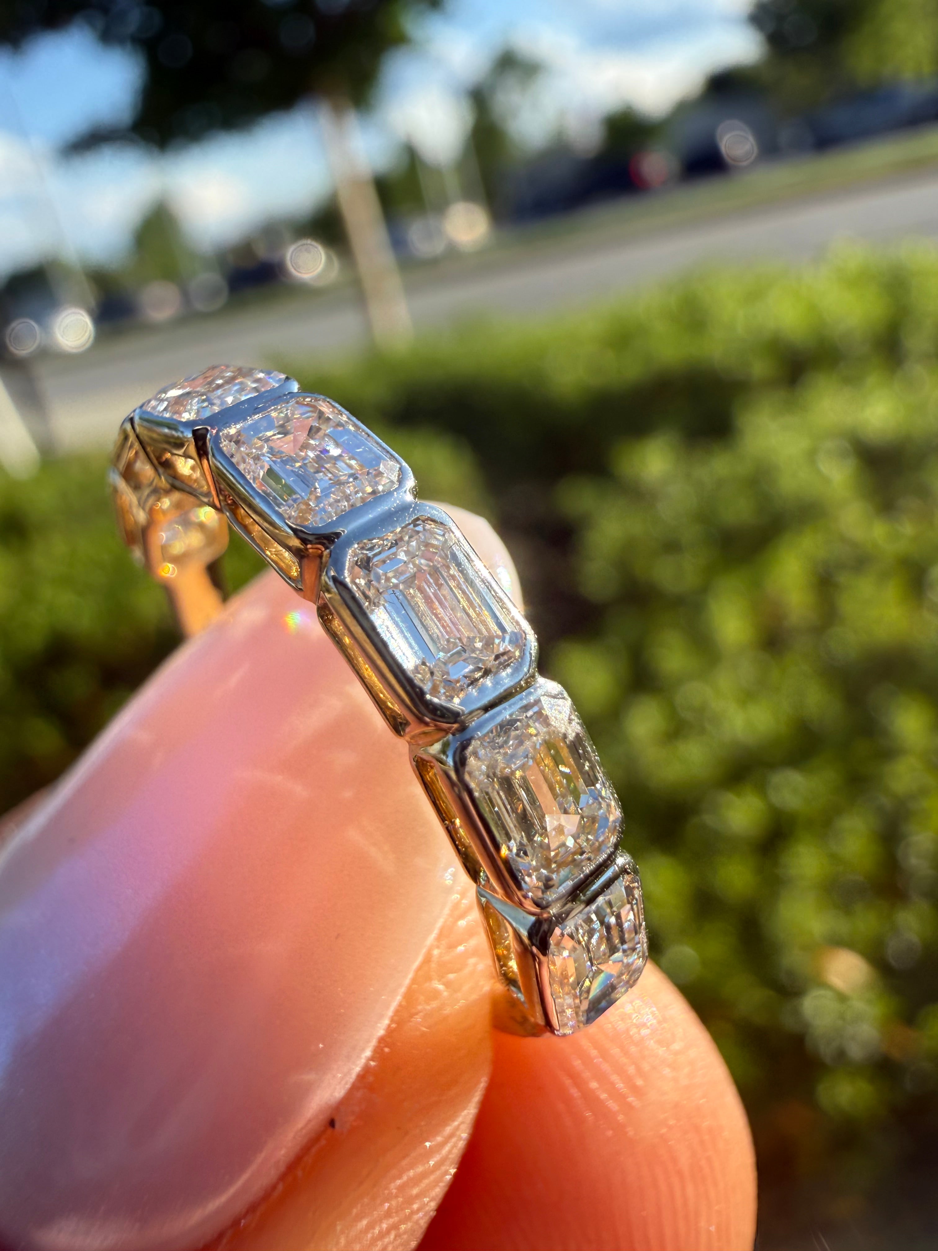 3 carat emerald cut rose gold special cut ring VVS stone with special cut on side stone fancy highly handcrafted in grown diamond 14k gold ( made in gold )