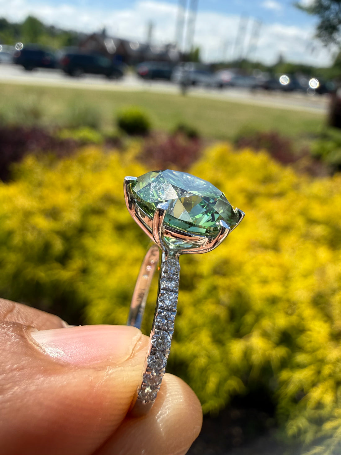 5.3 carat fancy green ring  handcrafted ring made with 14k gold in grown diamond