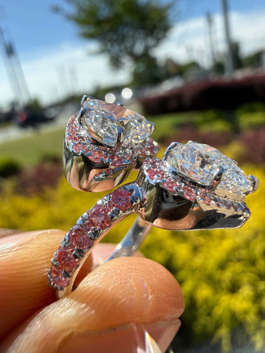 5 carat ring 2 carat each heart VVS igi certified stone fancy heart  handcrafted in color high cut with fancy pink  stone in  ring handcrafted ring made with 14k gold in grown diamond igi certified