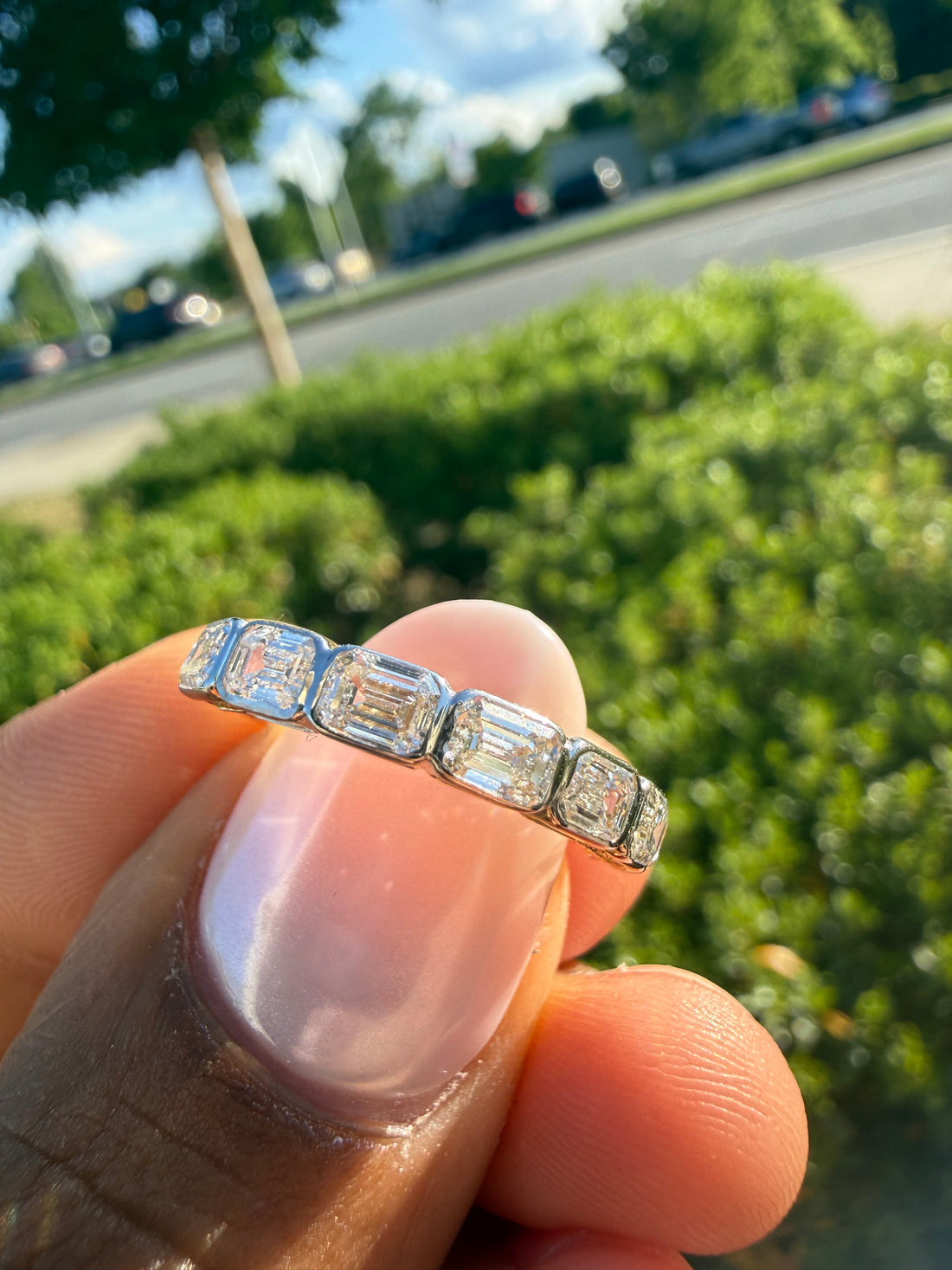 3 carat emerald cut rose gold special cut ring VVS stone with special cut on side stone fancy highly handcrafted in grown diamond 14k gold ( made in gold )