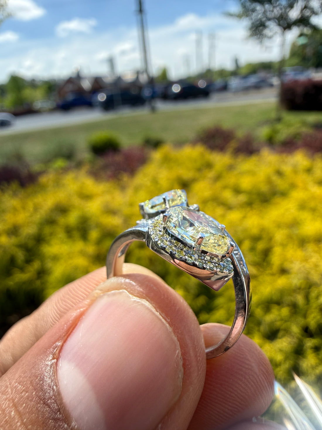3 carat igi certified fancy yellow pear  emerald cut with fancy white tapper baguette ring handcrafted ring made with 14k gold in grown diamond igi certified