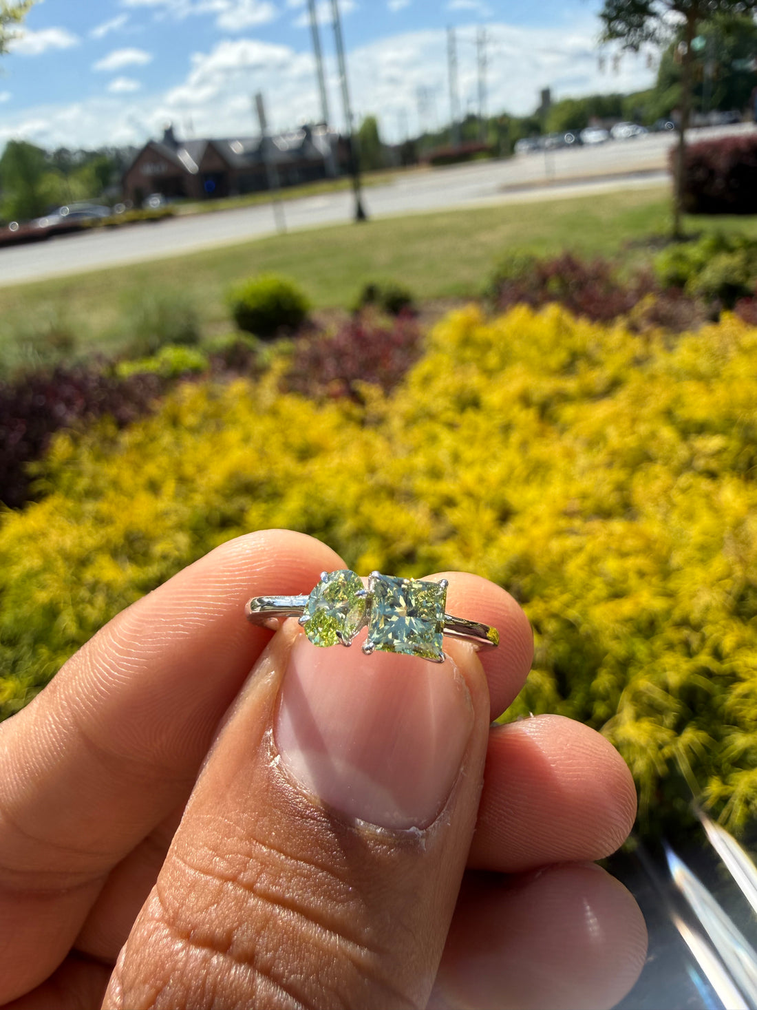 2 carat princess cut & oval fancy green ring  handcrafted ring made with 14k gold in grown diamond