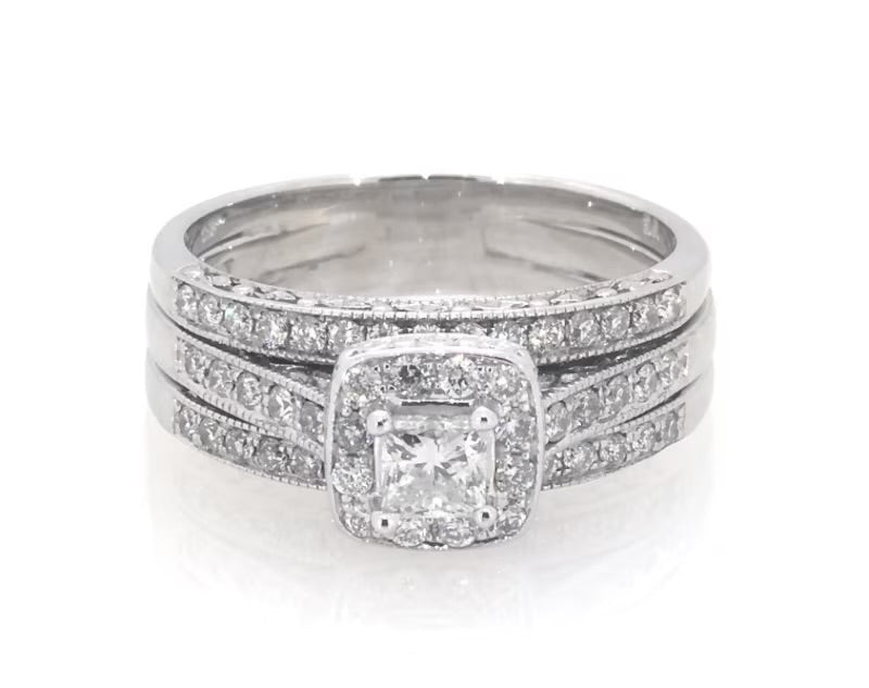 3 carat center stone cushion made with VVS engagement ring with 3 diamond band full set handcrafted in 14k gold with high color grade E vvs igi certified lab-grown diamond