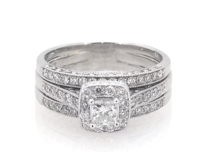 3 carat center stone cushion made with VVS engagement ring with 3 diamond band full set handcrafted in 14k gold with high color grade E vvs igi certified lab-grown diamond