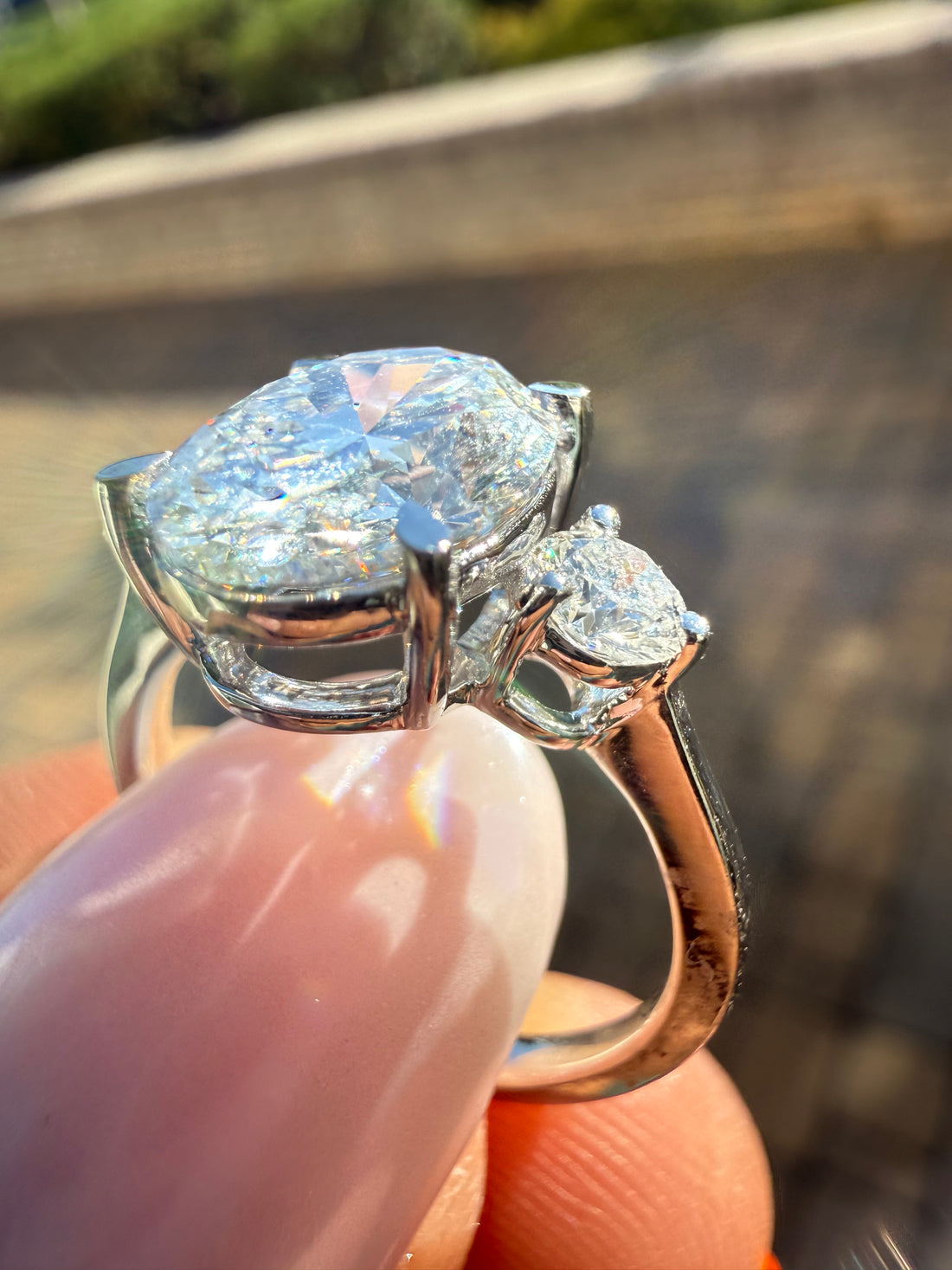 3 carat oval cut ring cut E vs IGI certified 3 carat center stone with special cut on side stone highly handcrafted in grown diamond 14k gold