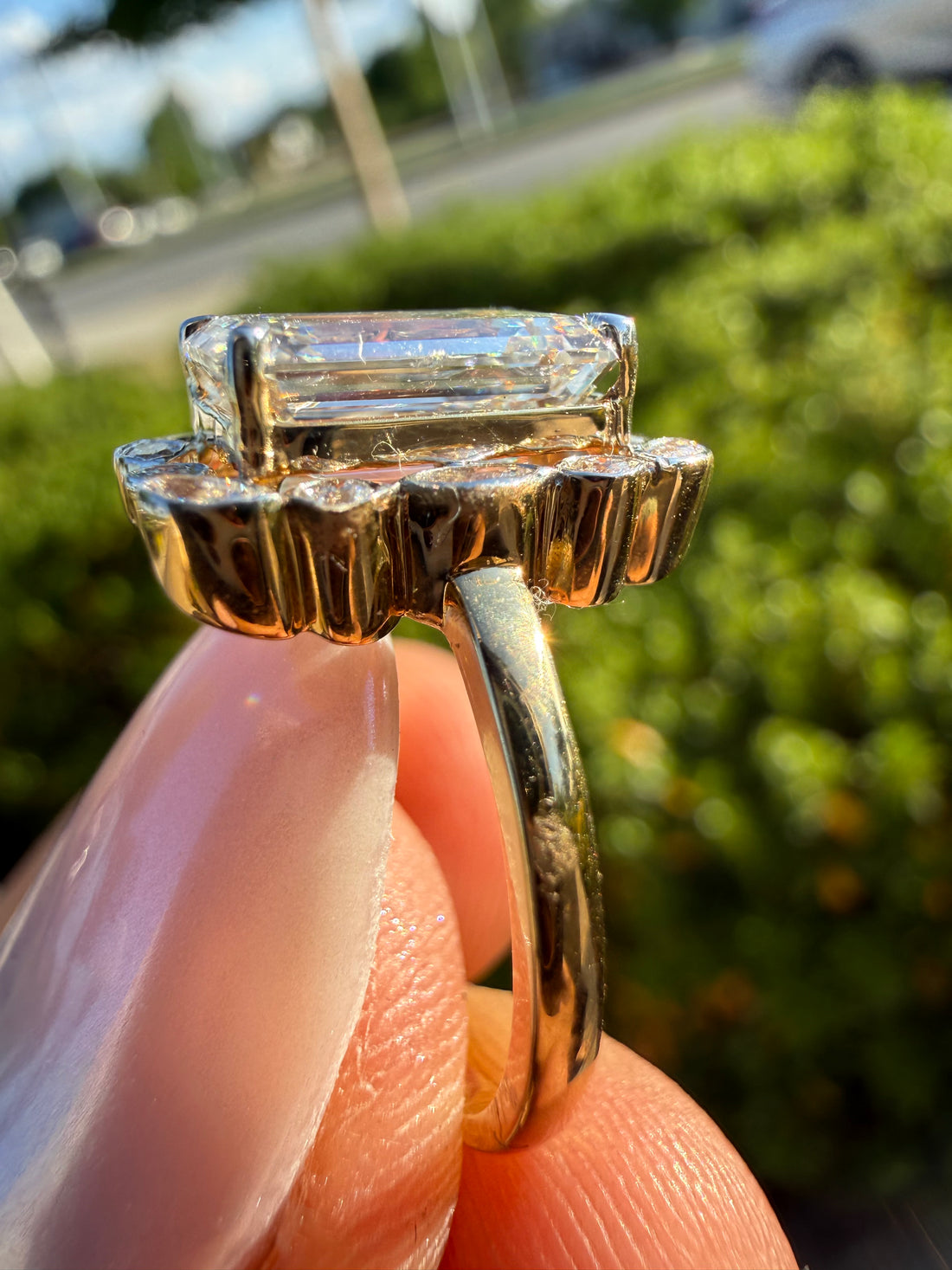3 carat emerald cut rose gold special cut ring VVS stone with special cut on side stone fancy highly handcrafted in grown diamond 14k gold ( made in gold ) (Copy)