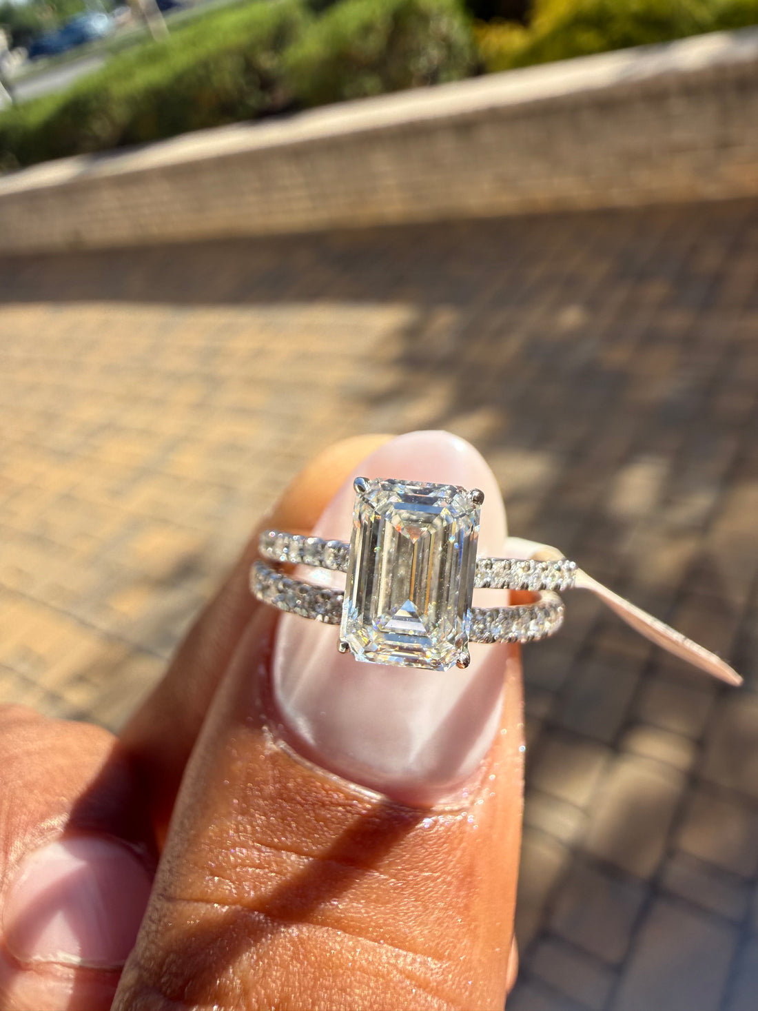 3 carat ring emerald cut ring cut E vs IGI certified 2 carat center stone with special cut side band  on side highly handcrafted in grown diamond 14k gold full engagement set