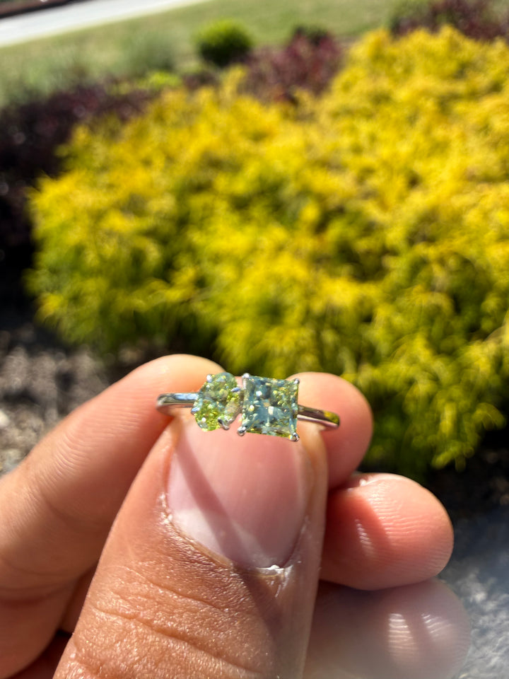 2 carat princess cut & oval fancy green ring  handcrafted ring made with 14k gold in grown diamond