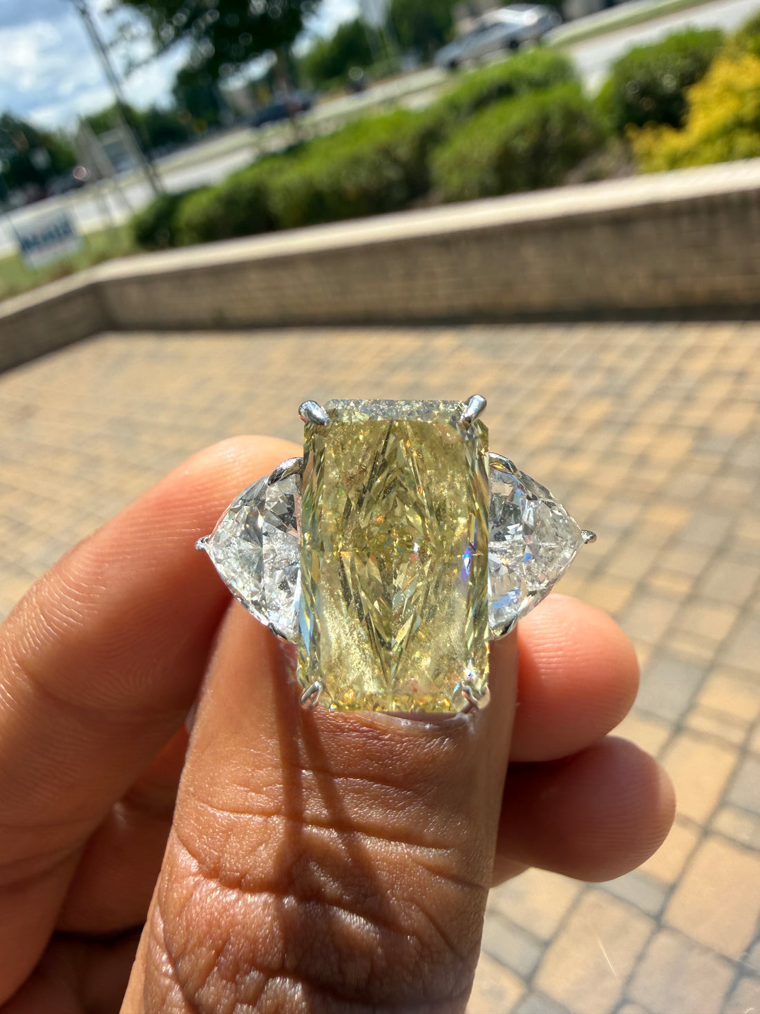 11.43 carat radiant cut IGI certified fancy light yellow made with 2 Traingle special cut on side 2 carat handcrafted in grown diamond 14k gold