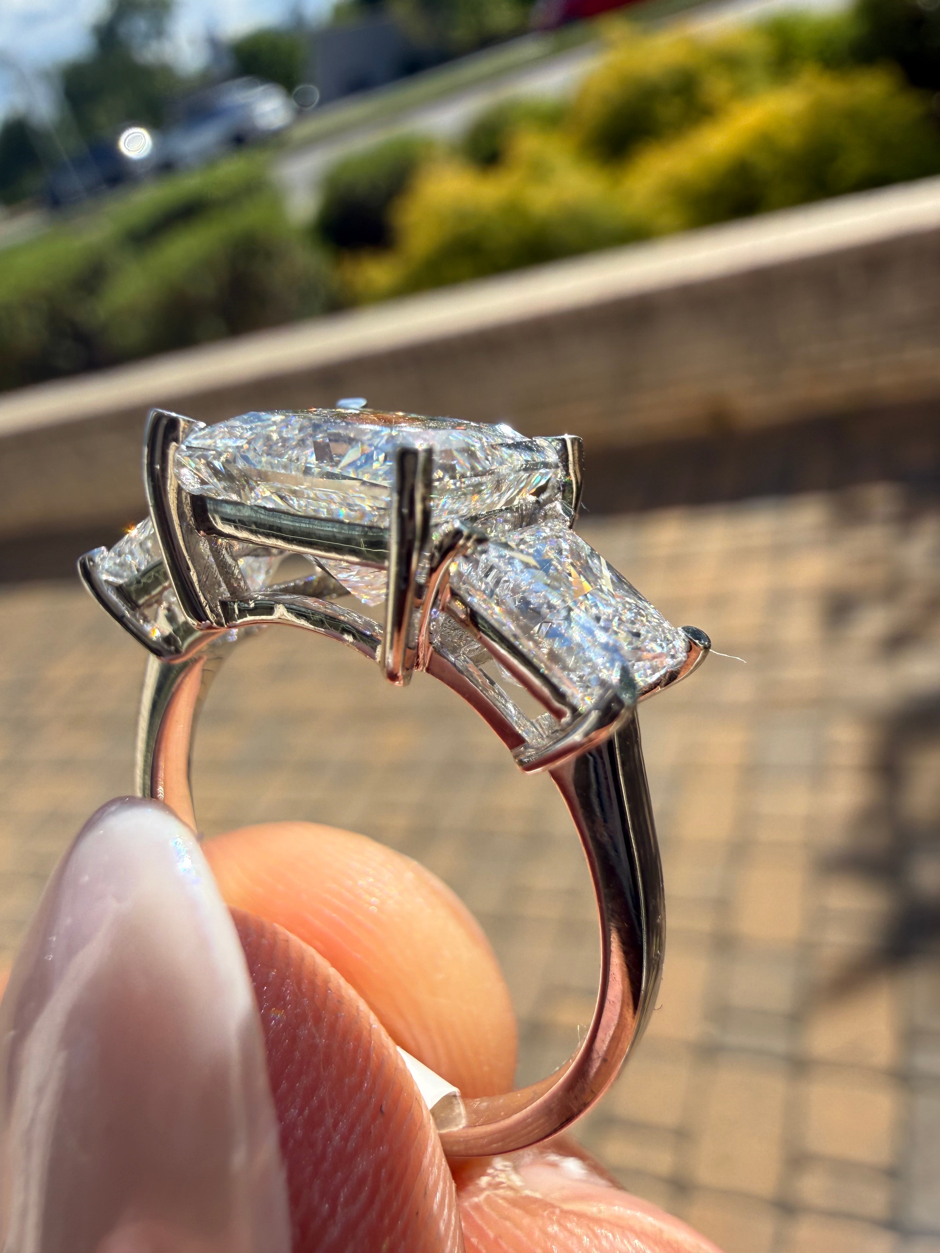 5 carat princess cut ring IGI cut E vs certified  3 carat center stone 2 carat side stone made with special cut handcrafted in grown diamond 14k gold
