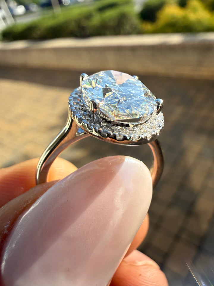 3 carat oval cut ring cut E vs IGI certified 3 carat center stone with special cut on side stone highly handcrafted in grown diamond 14k gold