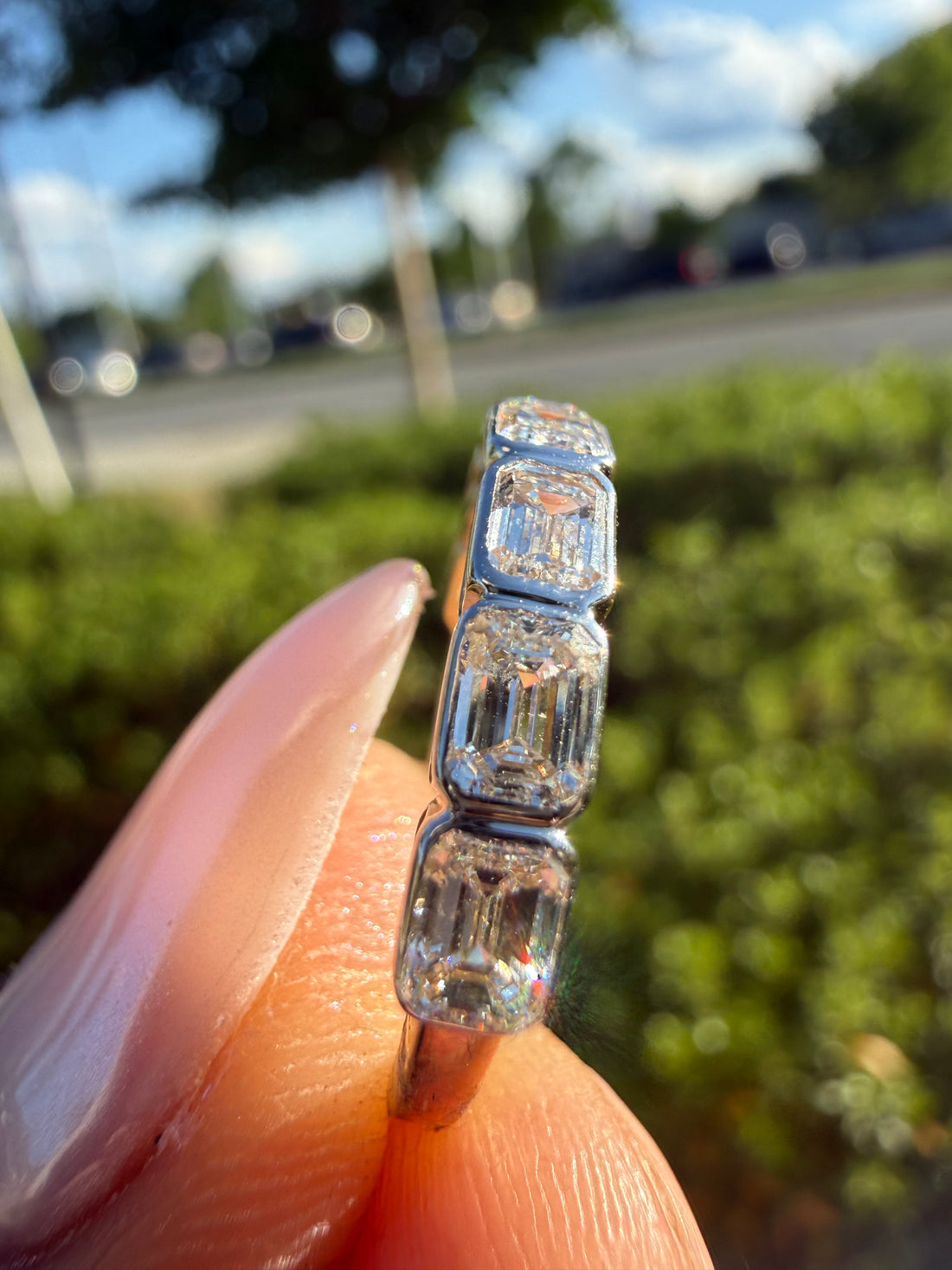 3 carat emerald cut rose gold special cut ring VVS stone with special cut on side stone fancy highly handcrafted in grown diamond 14k gold ( made in gold )