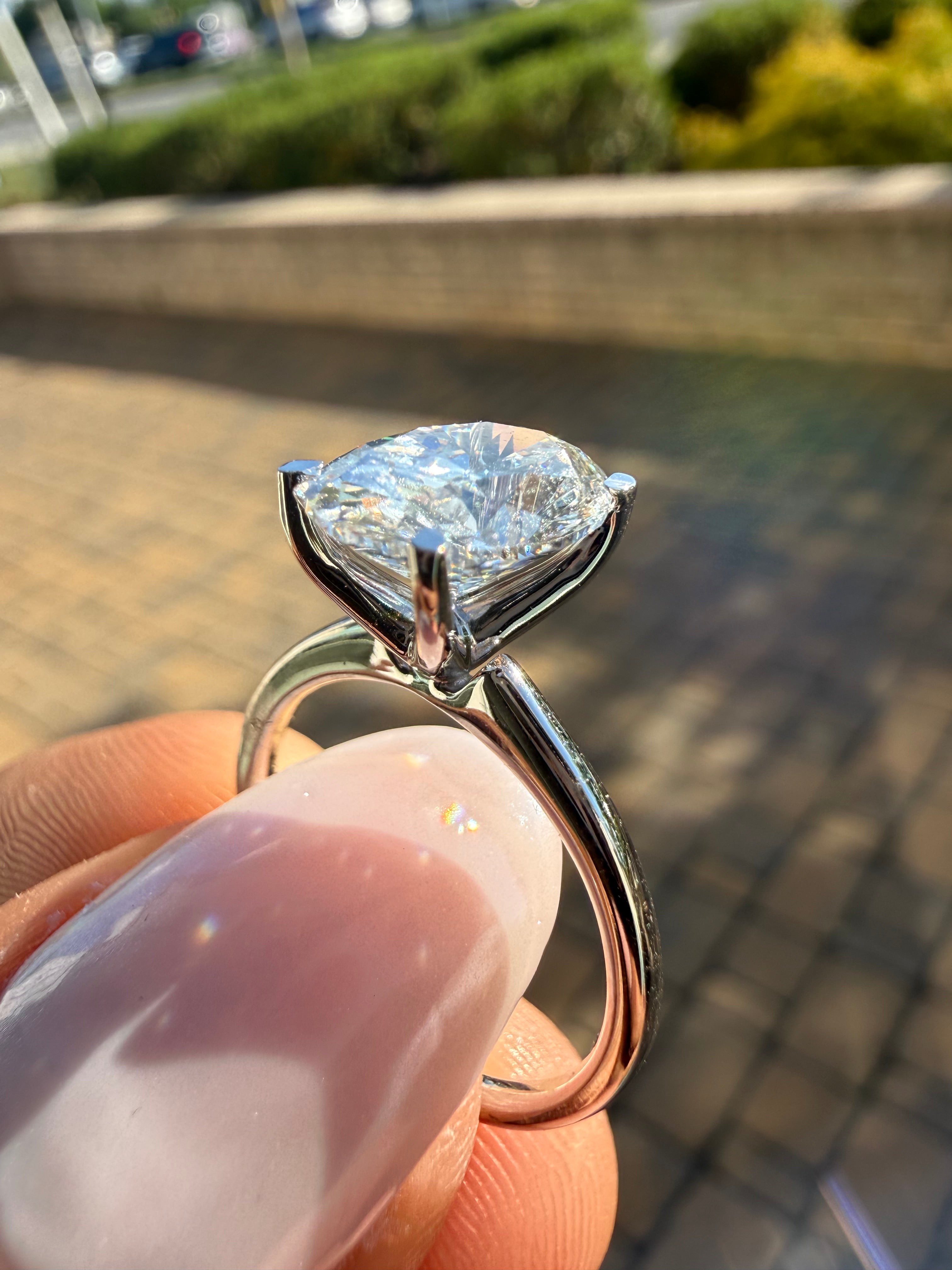 3 carat oval  cut ring cut E vs IGI certified 3 carat center stone with special cut  highly handcrafted in grown diamond 14k gold