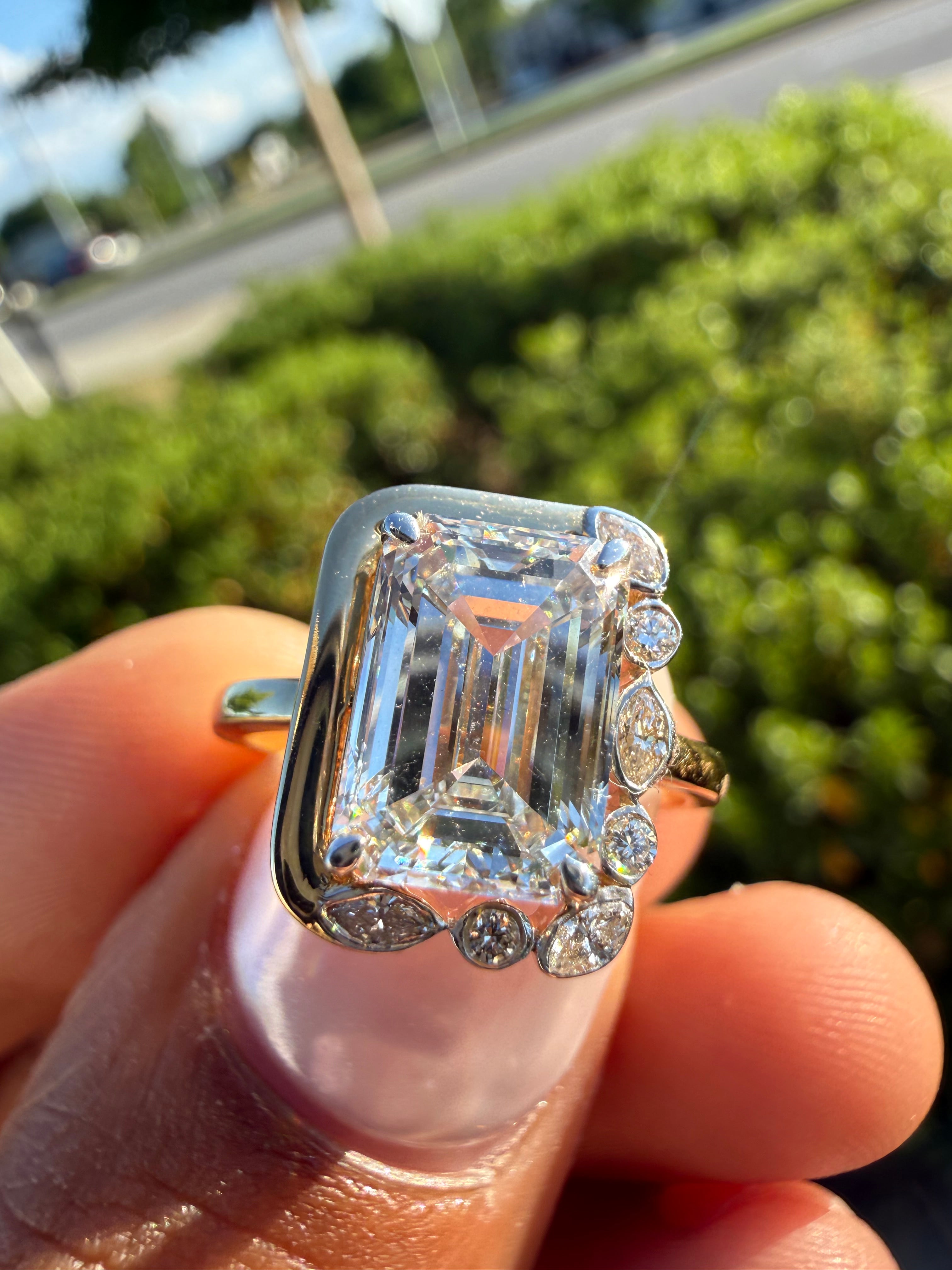 3 carat emerald cut rose gold special cut ring VVS stone with special cut on side stone fancy highly handcrafted in grown diamond 14k gold ( made in gold ) (Copy)