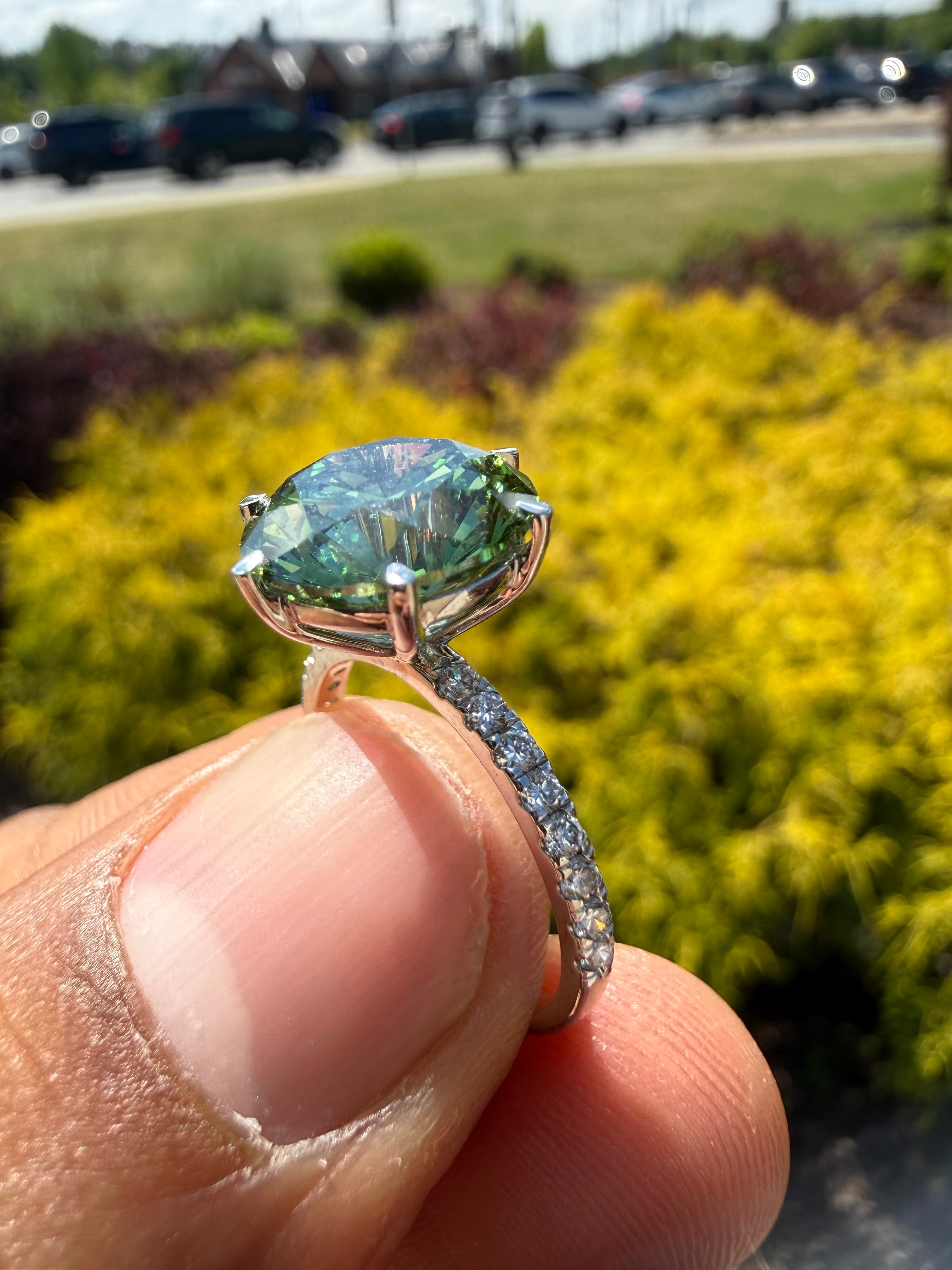 5.3 carat fancy green ring  handcrafted ring made with 14k gold in grown diamond