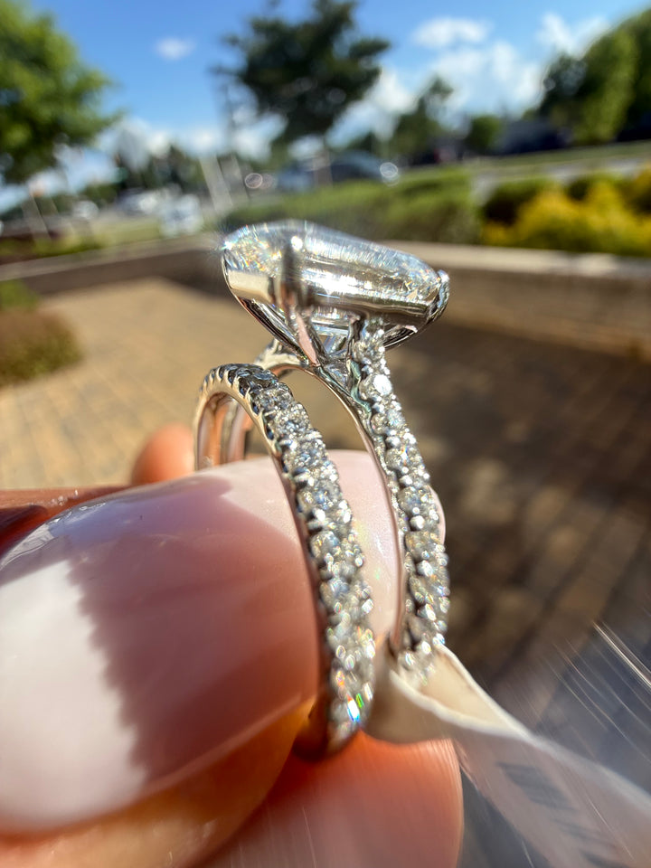3 carat ring emerald cut ring cut E vs IGI certified 2 carat center stone with special cut side band  on side highly handcrafted in grown diamond 14k gold full engagement set
