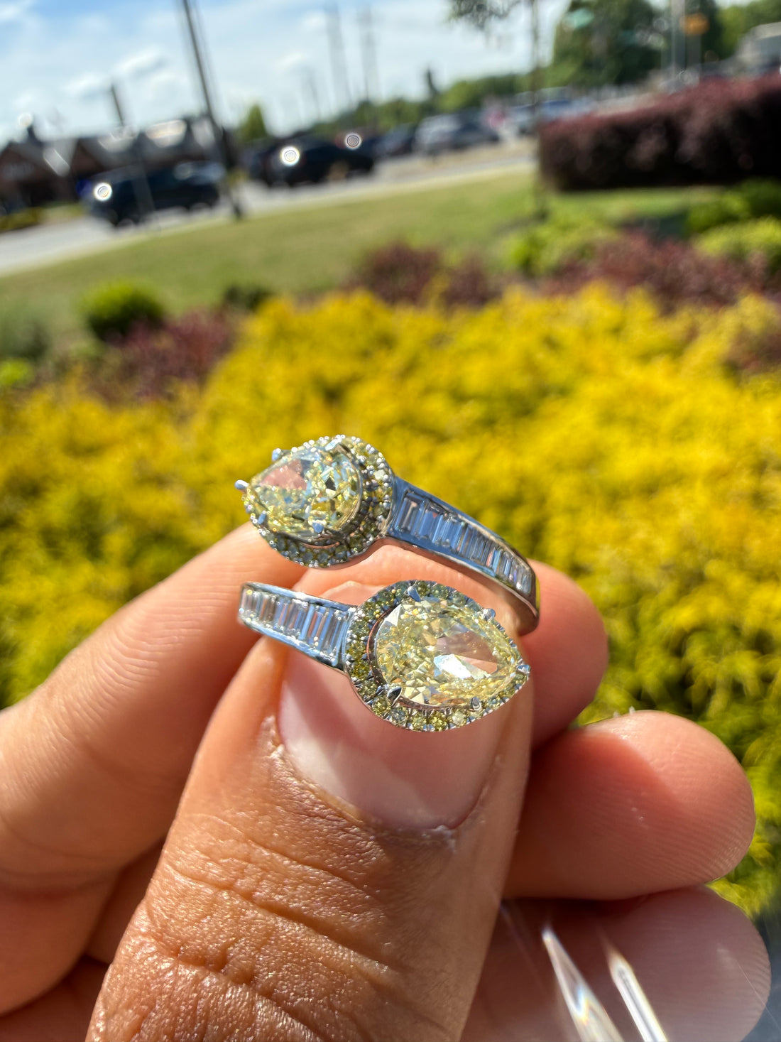 3 carat igi certified fancy yellow pear  emerald cut with fancy white tapper baguette ring handcrafted ring made with 14k gold in grown diamond igi certified