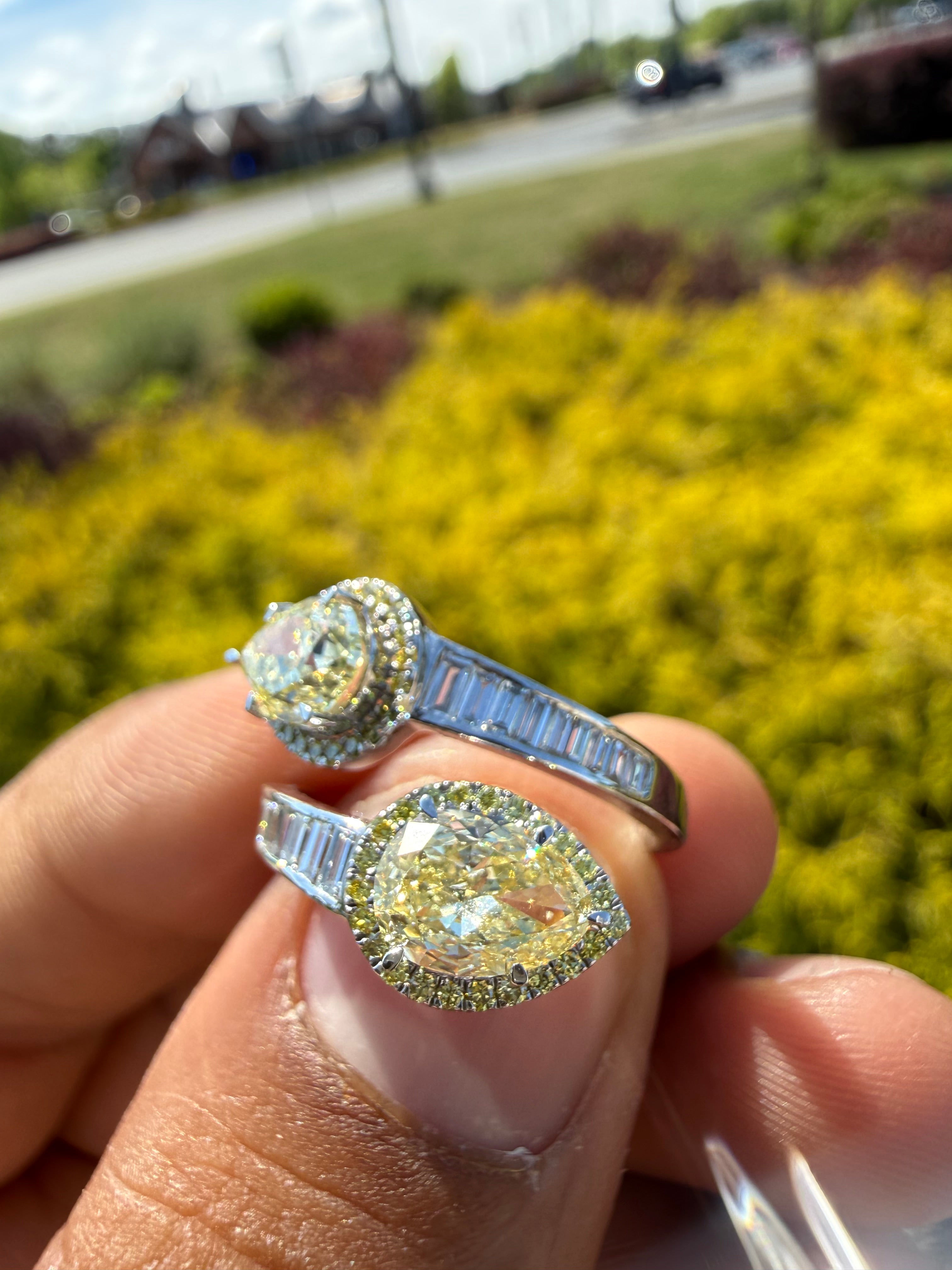 3 carat igi certified fancy yellow pear  emerald cut with fancy white tapper baguette ring handcrafted ring made with 14k gold in grown diamond igi certified