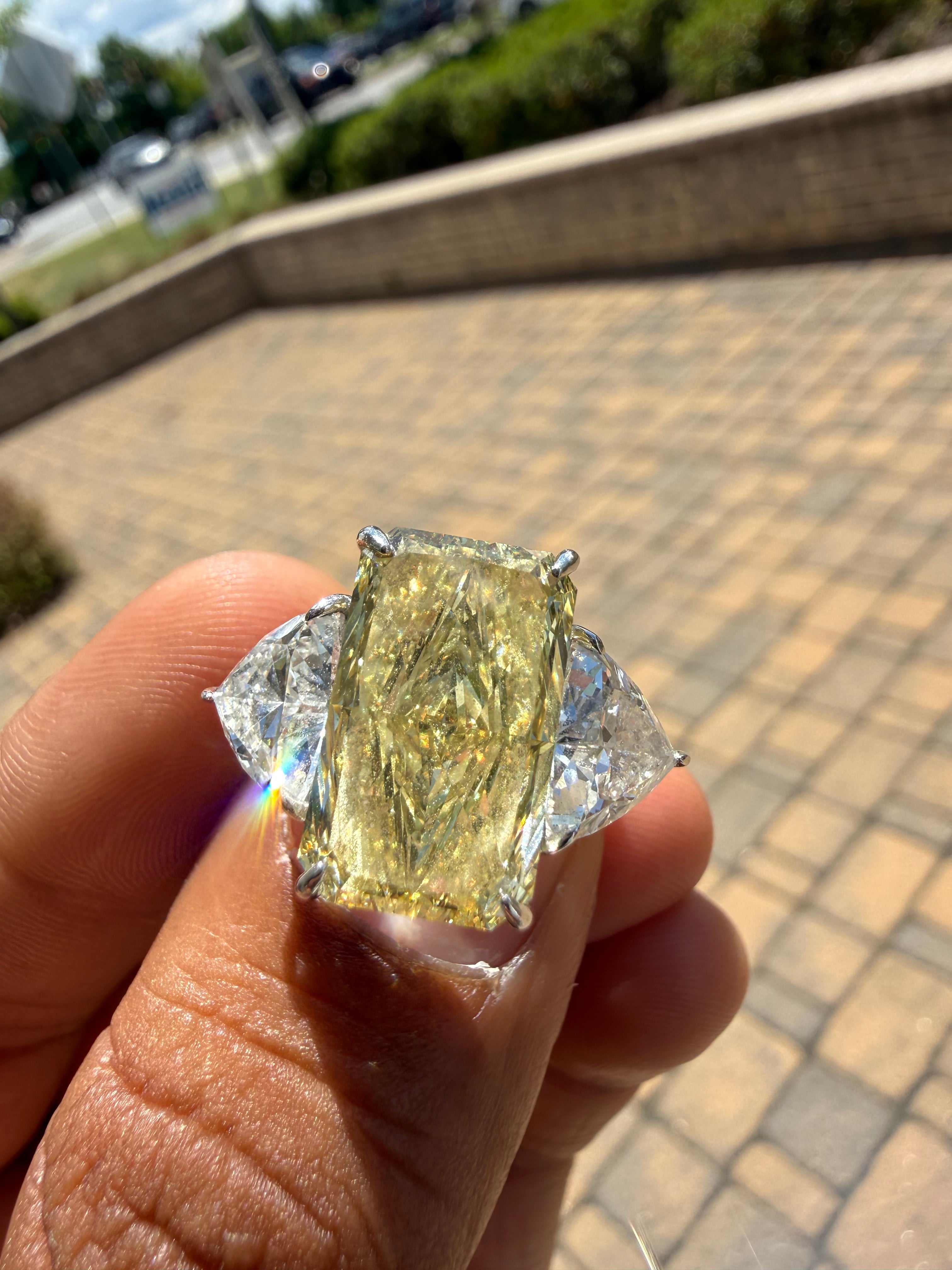 11.43 carat radiant cut IGI certified fancy light yellow made with 2 Traingle special cut on side 2 carat handcrafted in grown diamond 14k gold