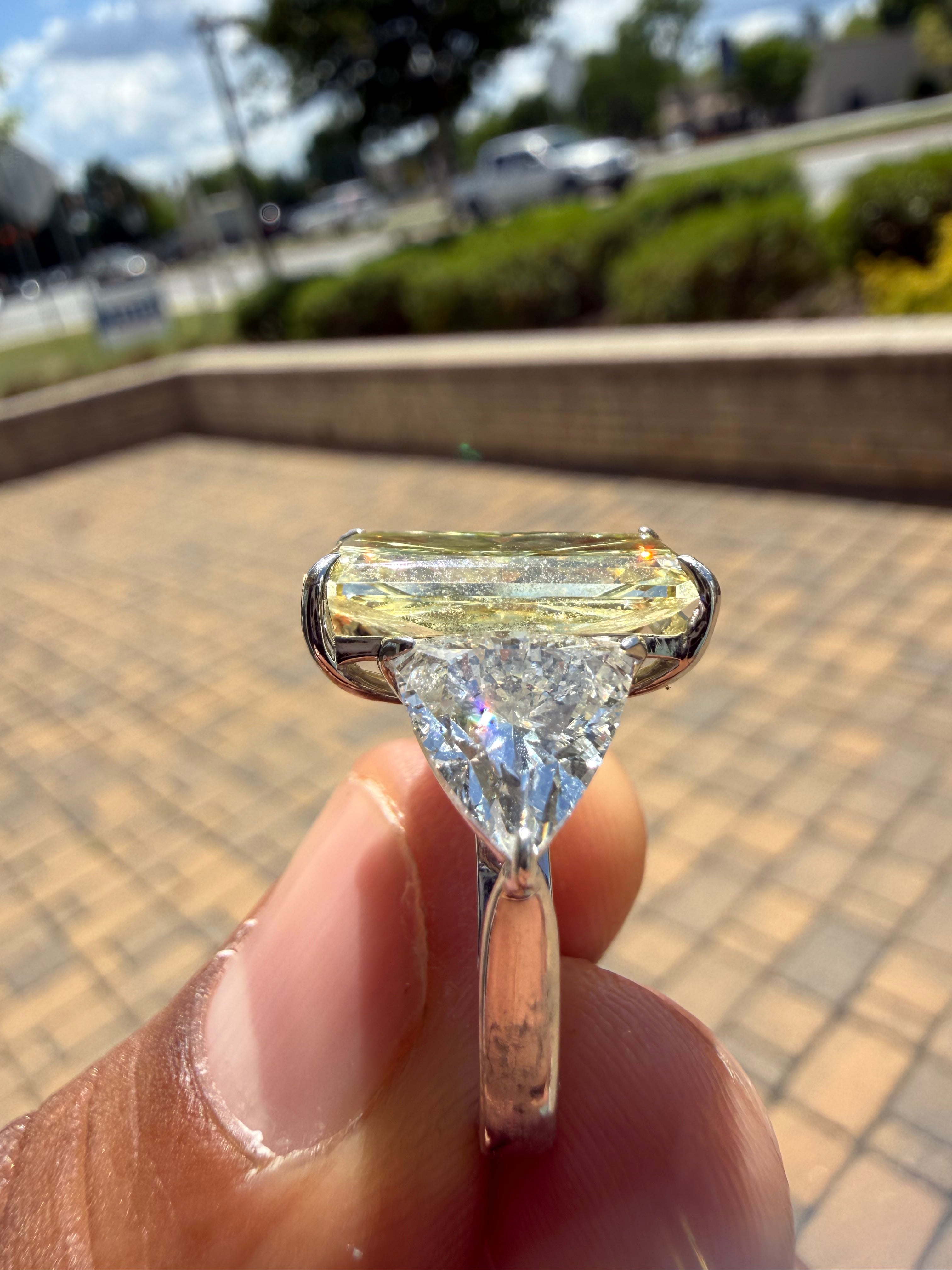 11.43 carat radiant cut IGI certified fancy light yellow made with 2 Traingle special cut on side 2 carat handcrafted in grown diamond 14k gold