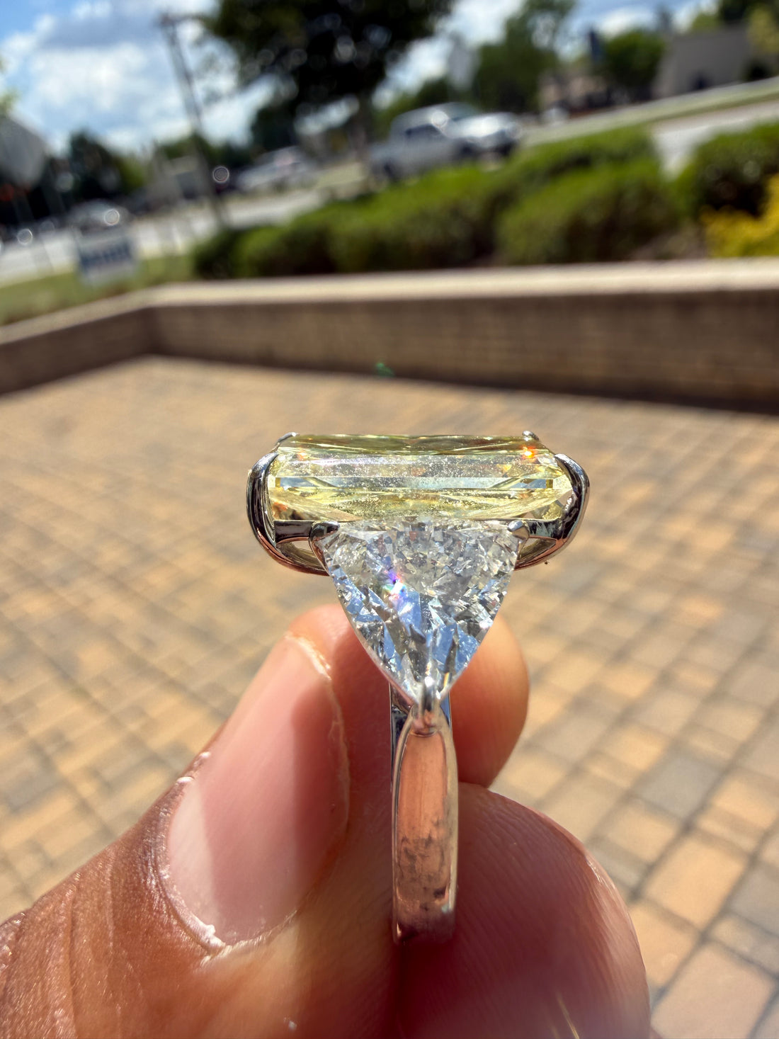 11.43 carat radiant cut IGI certified fancy light yellow made with 2 Traingle special cut on side 2 carat handcrafted in grown diamond 14k gold