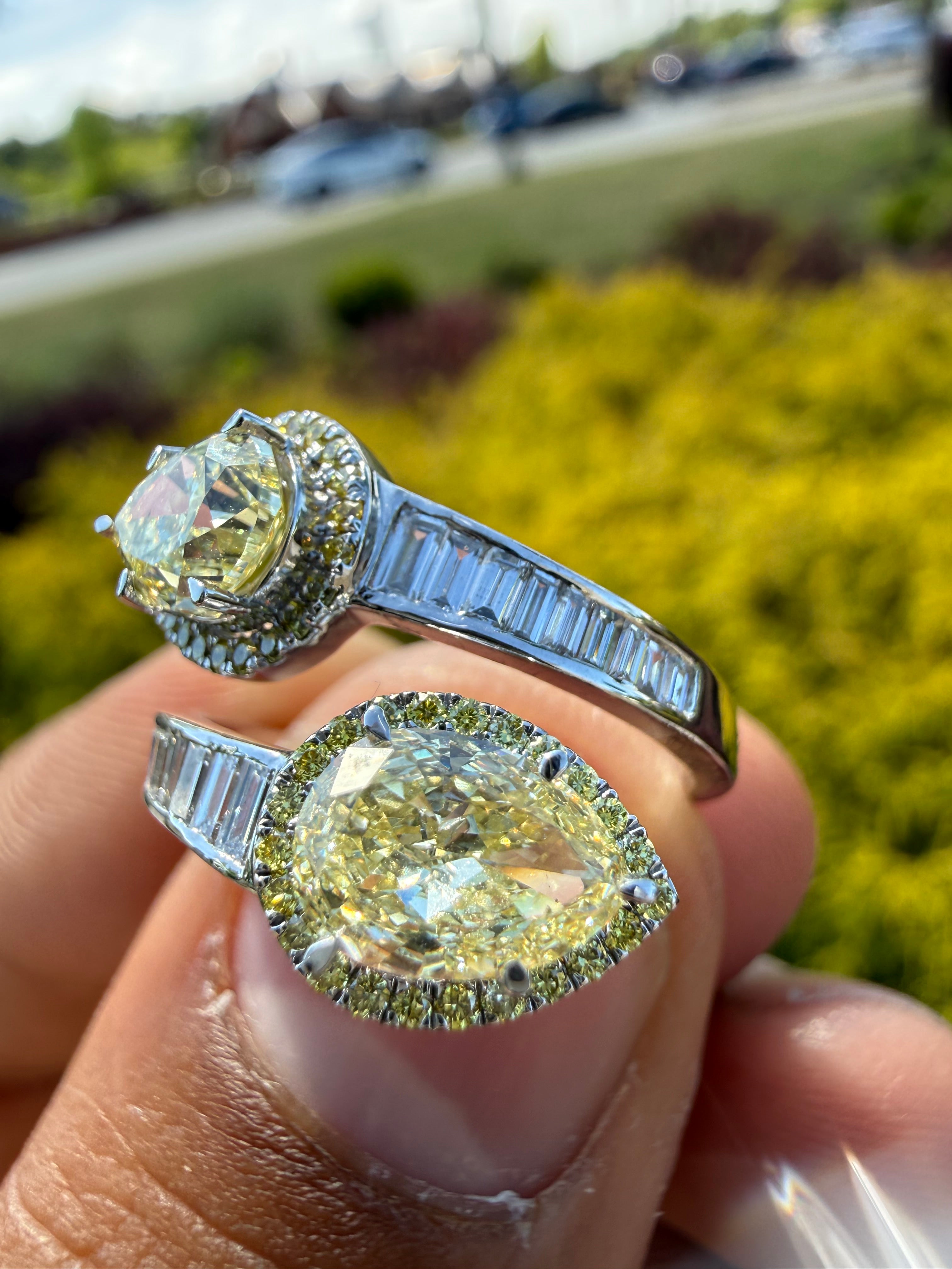3 carat igi certified fancy yellow pear  emerald cut with fancy white tapper baguette ring handcrafted ring made with 14k gold in grown diamond igi certified