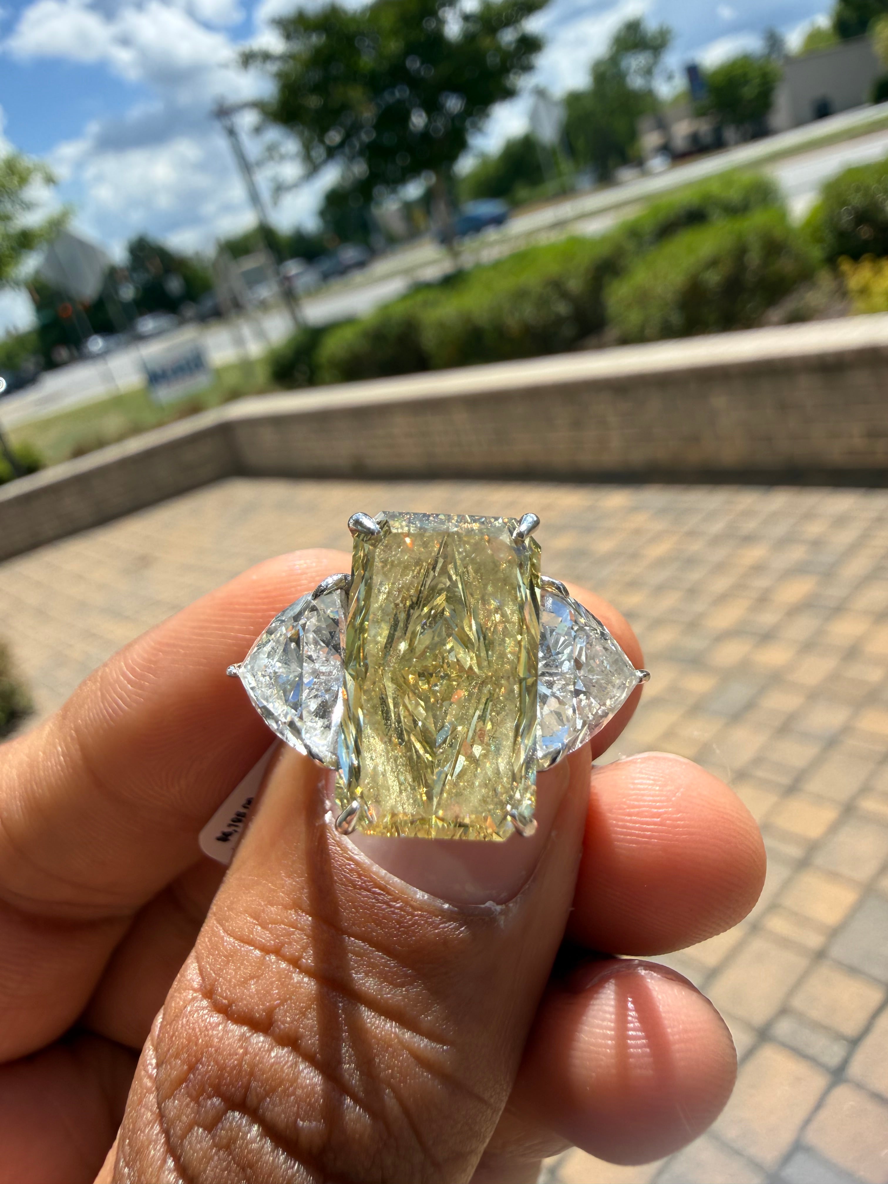 11.43 carat radiant cut IGI certified fancy light yellow made with 2 Traingle special cut on side 2 carat handcrafted in grown diamond 14k gold