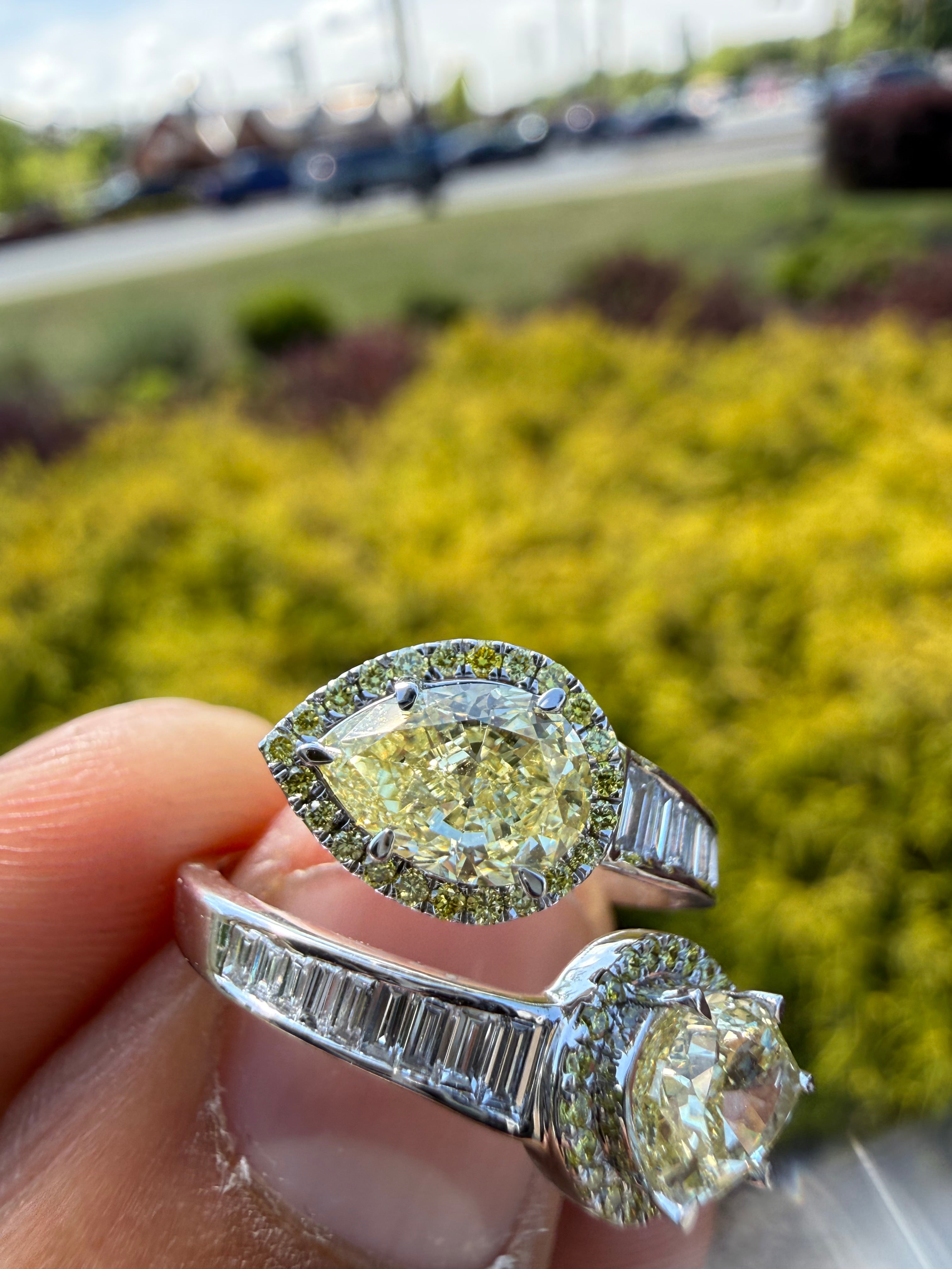 3 carat igi certified fancy yellow pear  emerald cut with fancy white tapper baguette ring handcrafted ring made with 14k gold in grown diamond igi certified