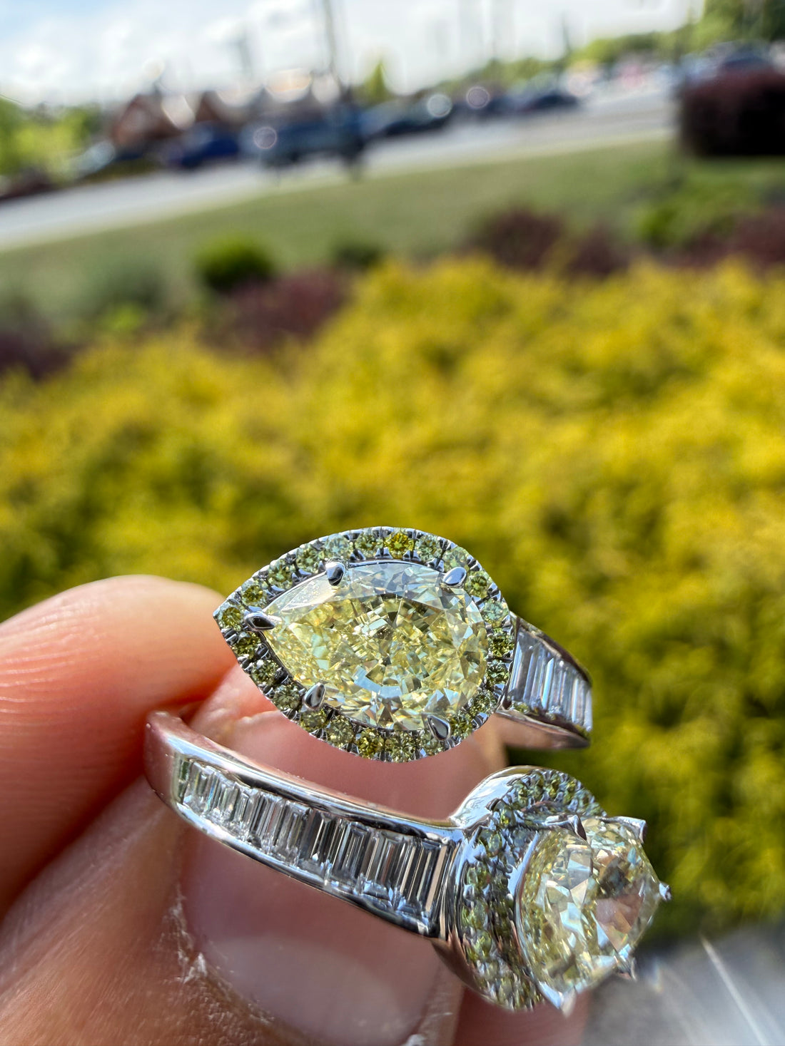 3 carat igi certified fancy yellow pear  emerald cut with fancy white tapper baguette ring handcrafted ring made with 14k gold in grown diamond igi certified