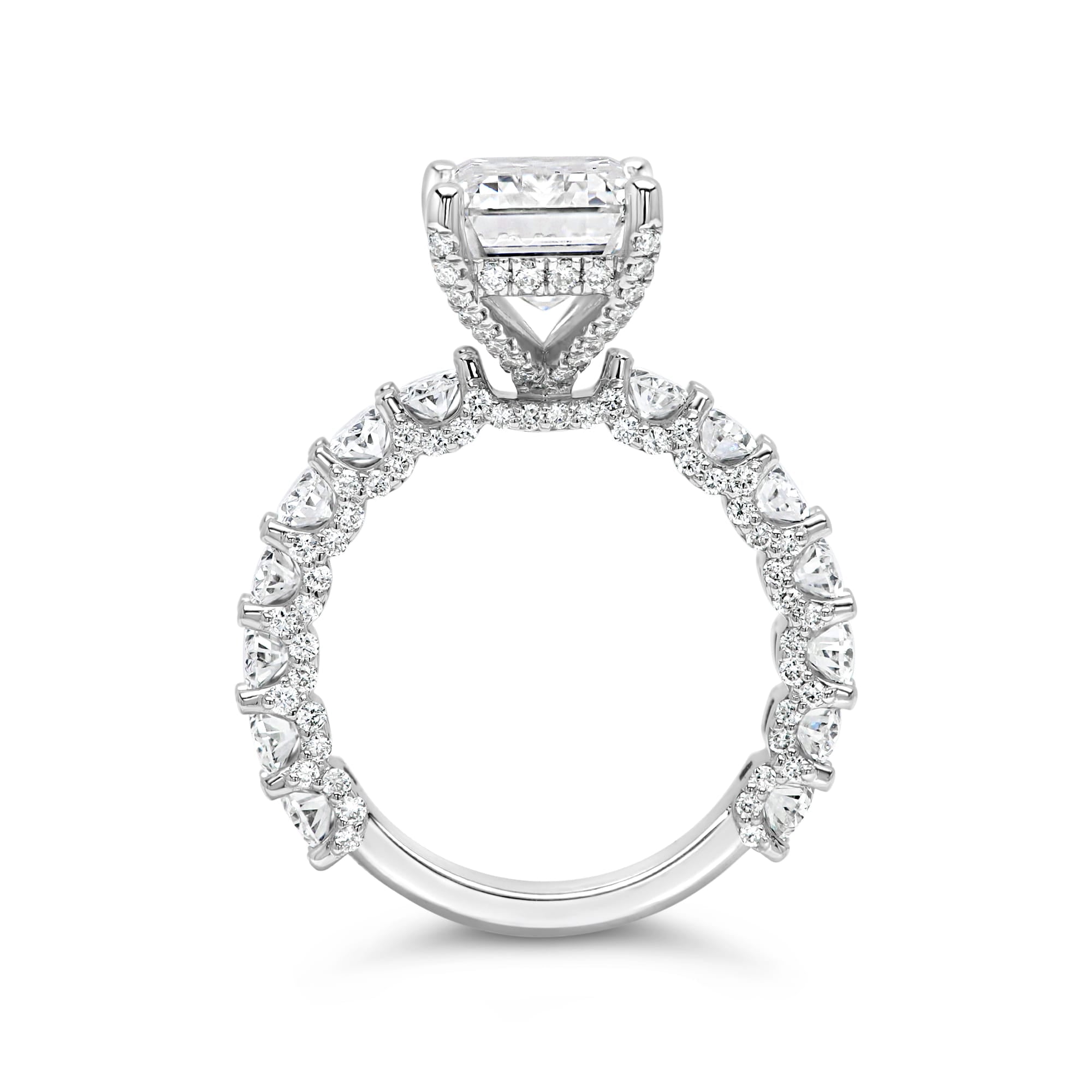 3 carat emerald cut center stone E VS IGi certified engagement ring handcrafted in 14k gold total 6 carat diamond on ring with side fancy shapes oval( made in 14k gold )