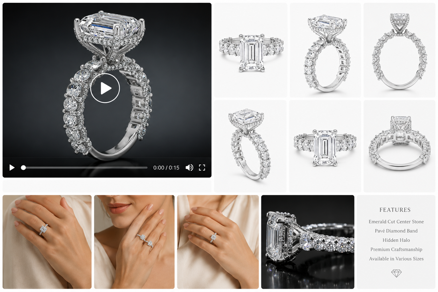 3 carat emerald cut center stone E VS IGi certified engagement ring handcrafted in 14k gold total 6 carat diamond on ring with side fancy shapes oval( made in 14k gold )