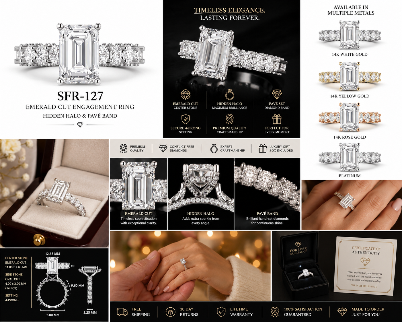 3 carat emerald cut center stone E VS IGi certified engagement ring handcrafted in 14k gold total 6 carat diamond on ring with side fancy shapes oval( made in 14k gold )